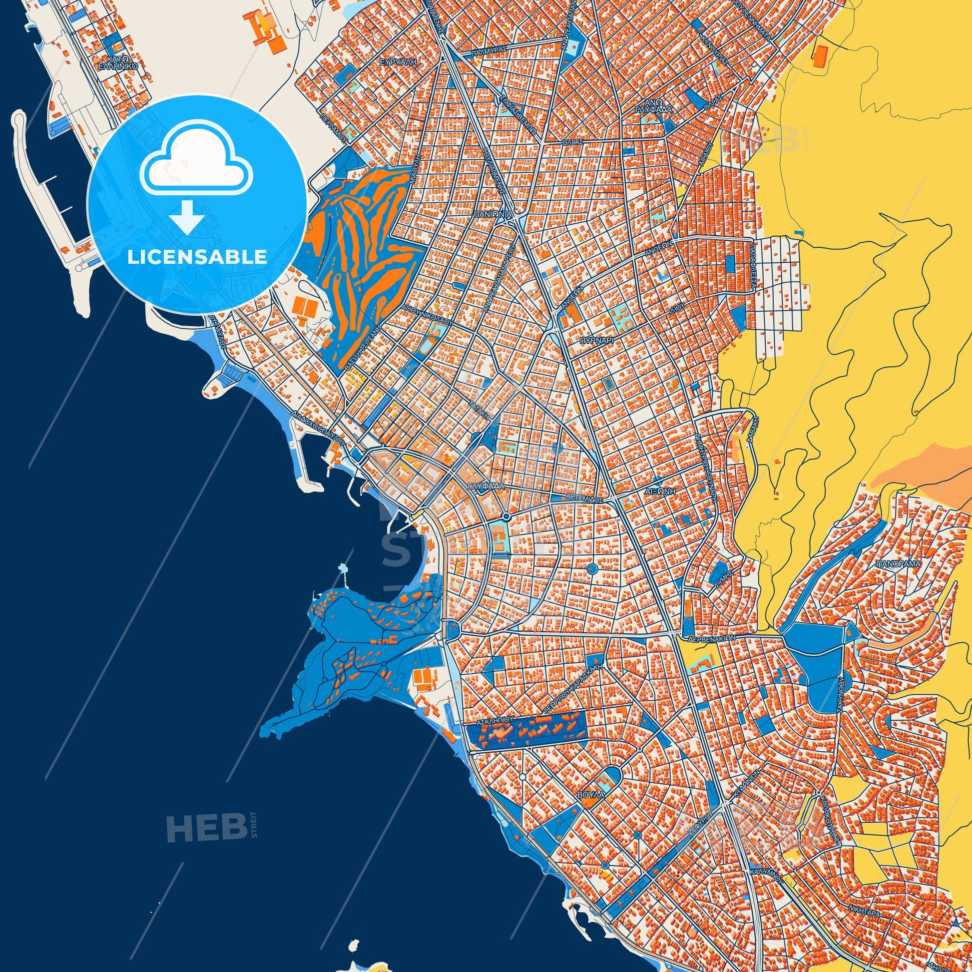 Colorful Glyfada Street Map with Labels and Buildings