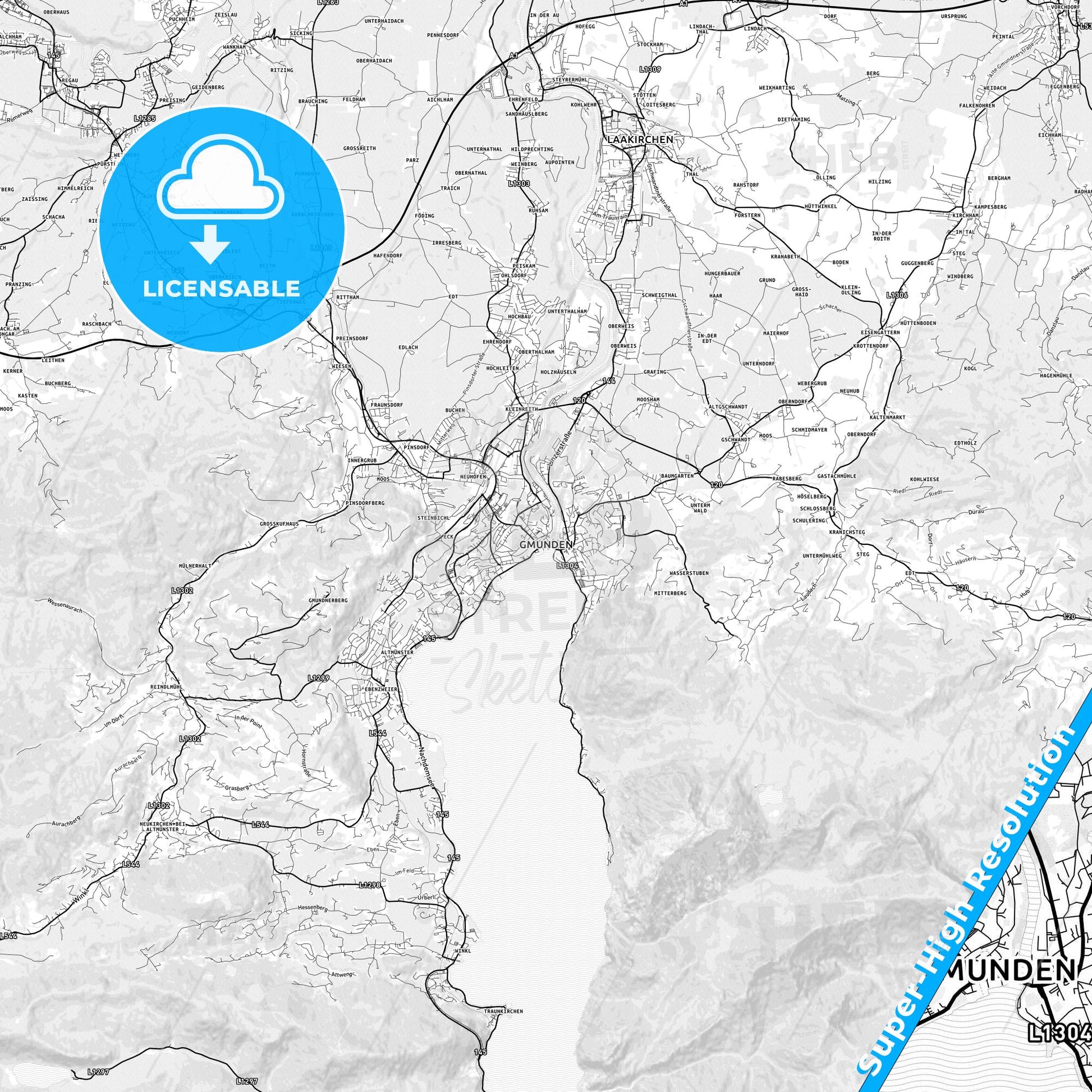 Gmunden, Austria light map with streetnames, citynames and districts