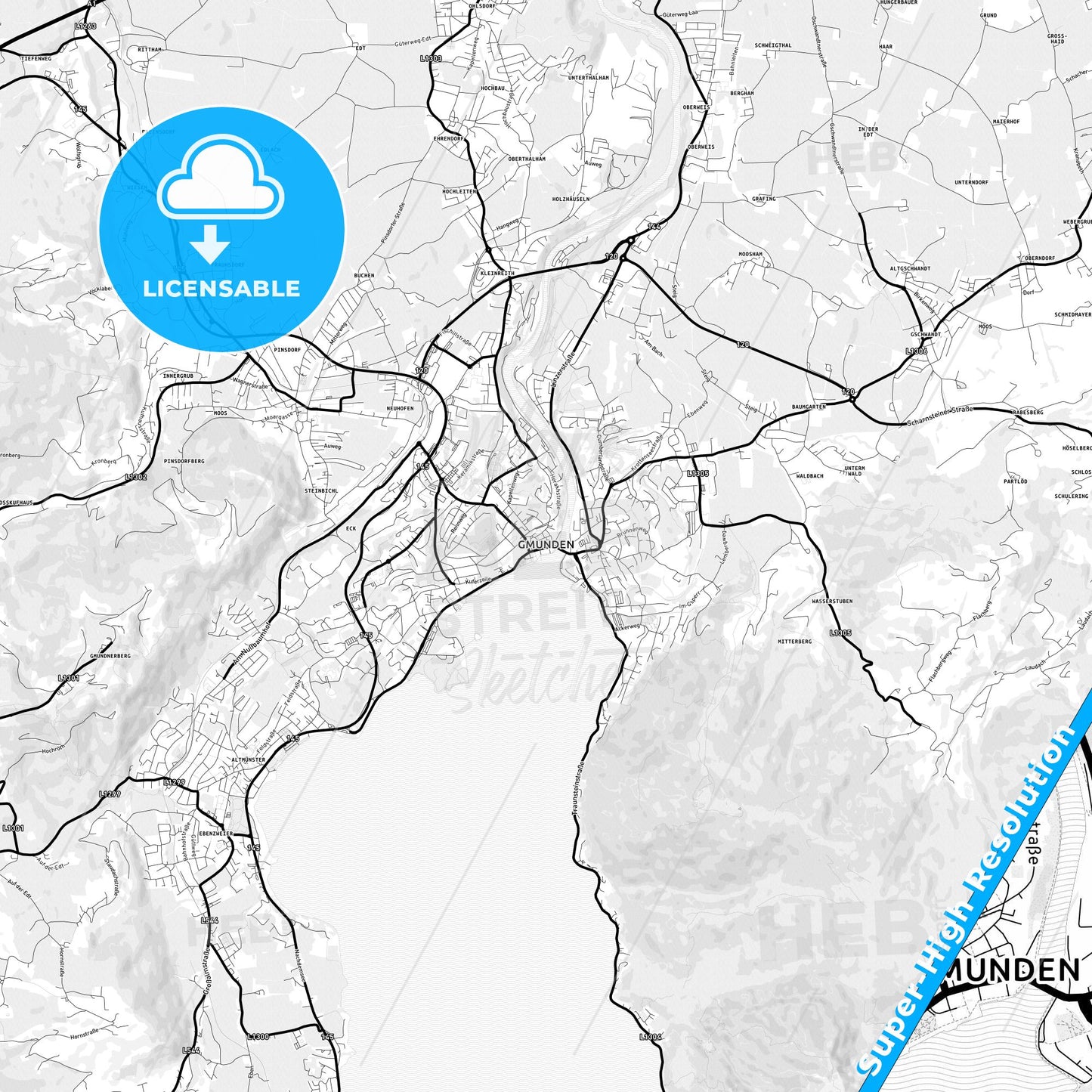 Gmunden, Austria Light Map with Street Names, City Names, and Districts