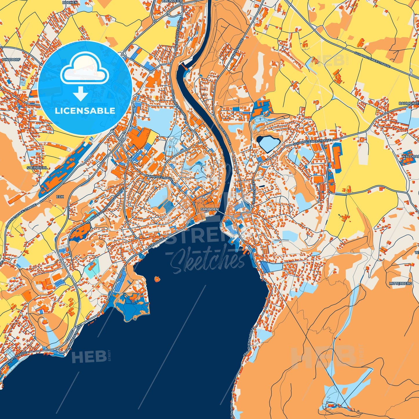 Colorful Gmunden Street Map with Labels and Buildings