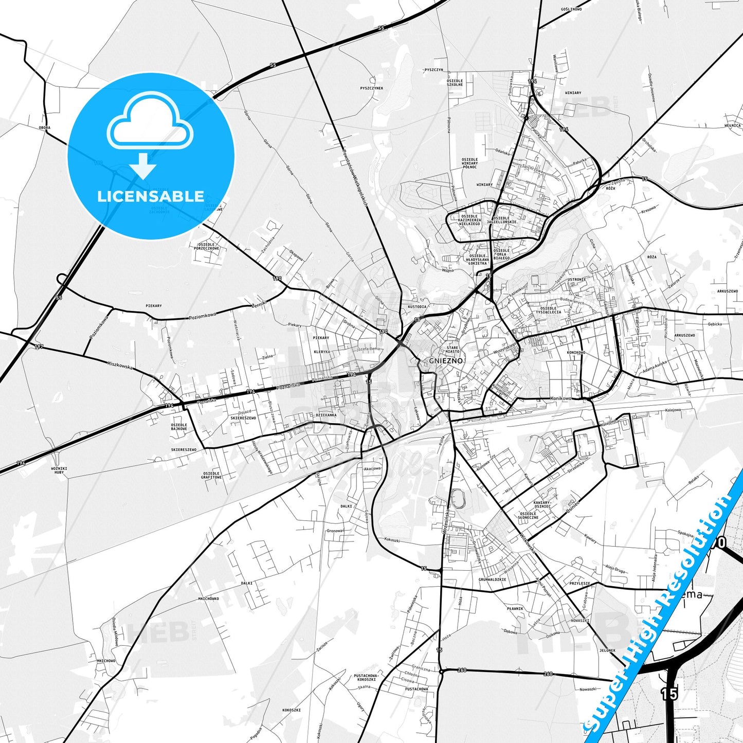 Gniezno, Poland Light Map with Street Names, City Names, and Districts