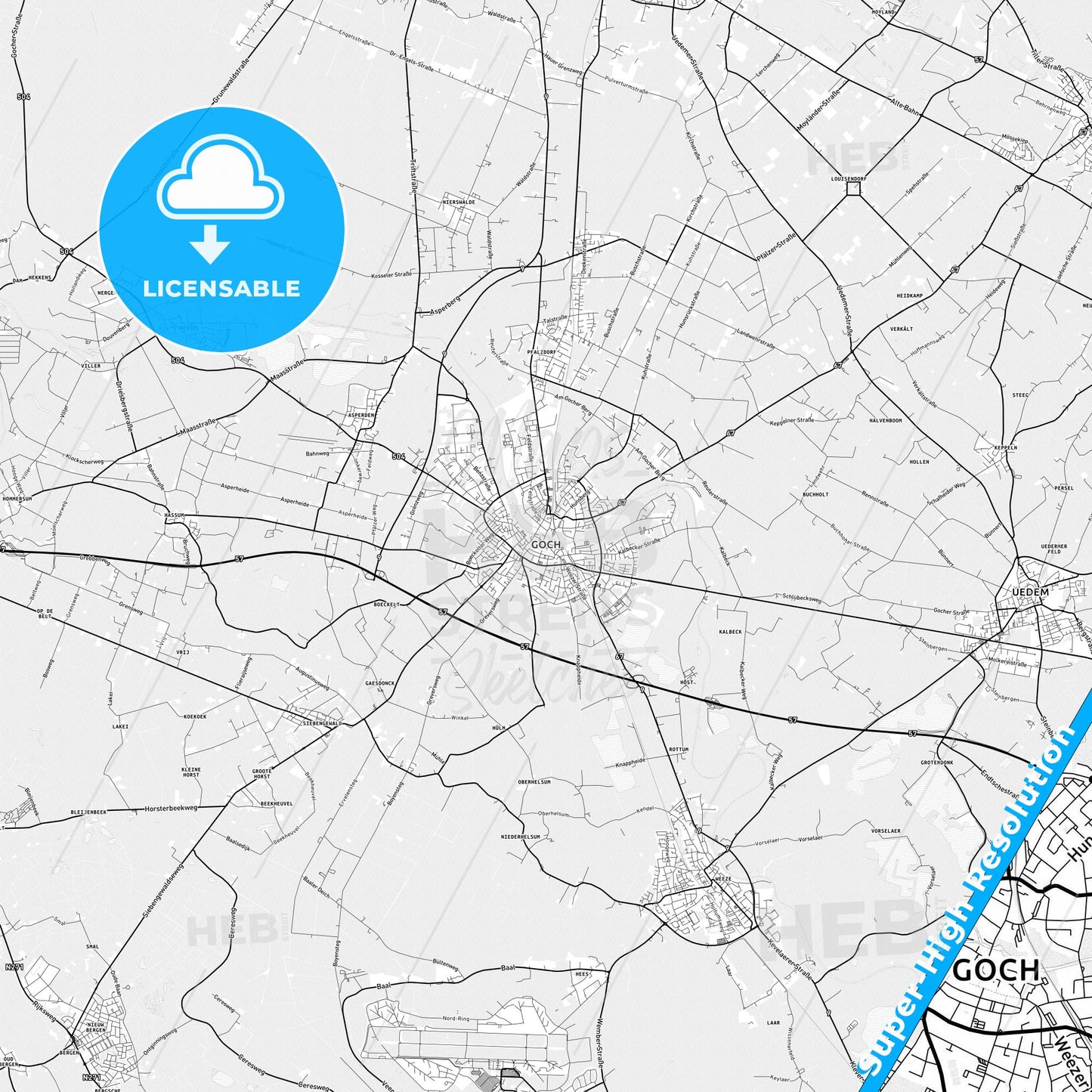 Goch, Germany light map with streetnames, citynames and districts