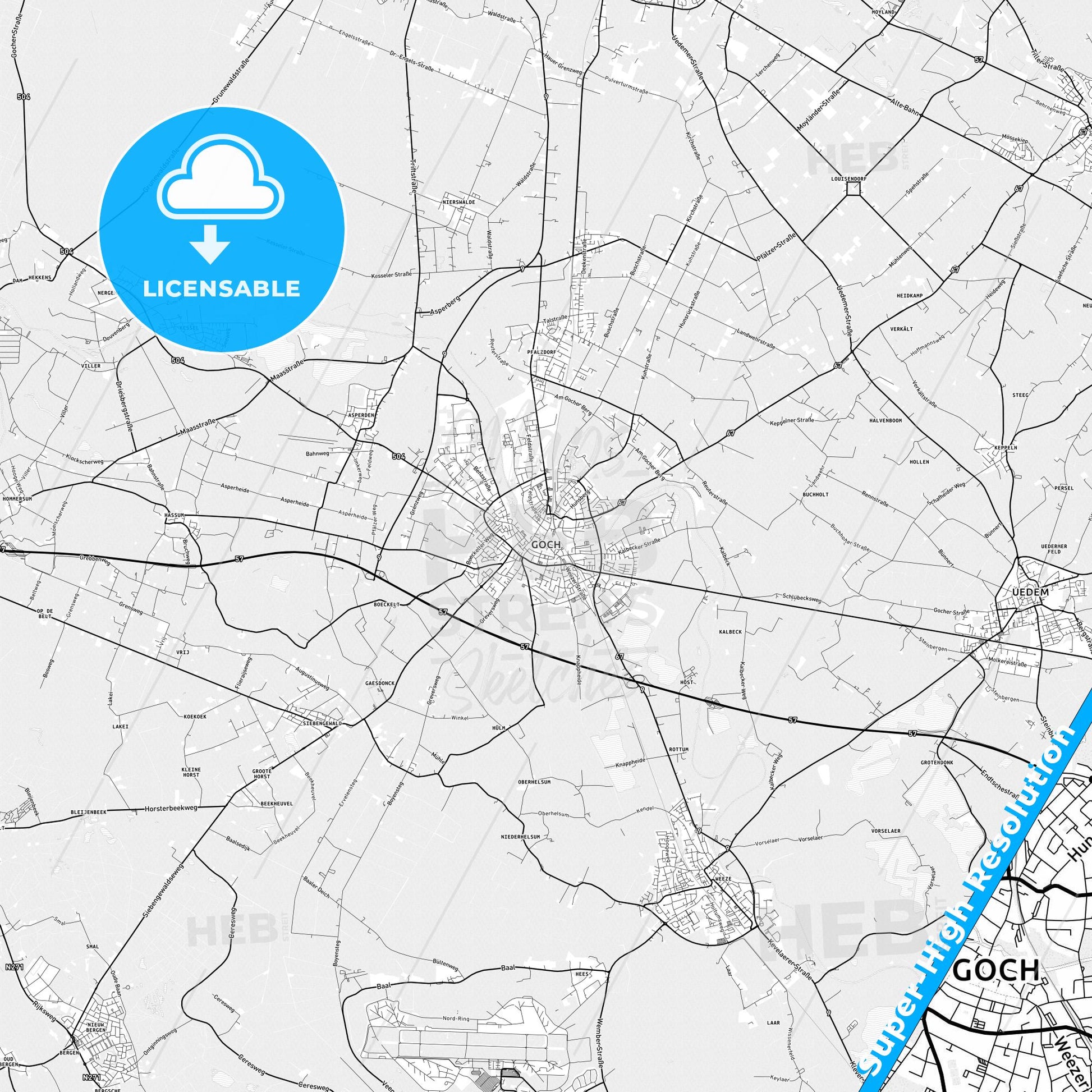Goch, Germany light map with streetnames, citynames and districts