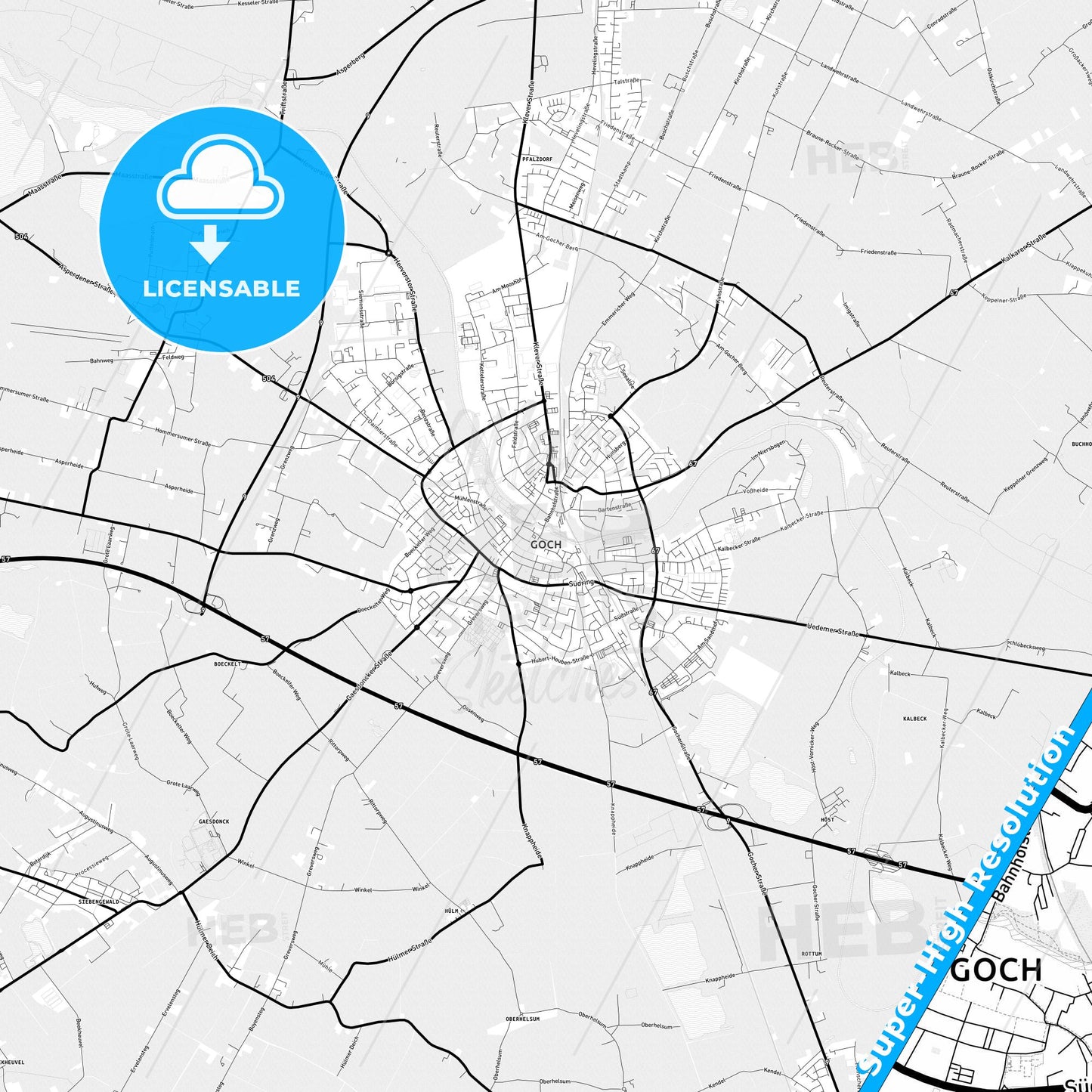 Goch, Germany Light Map with Street Names, City Names, and Districts