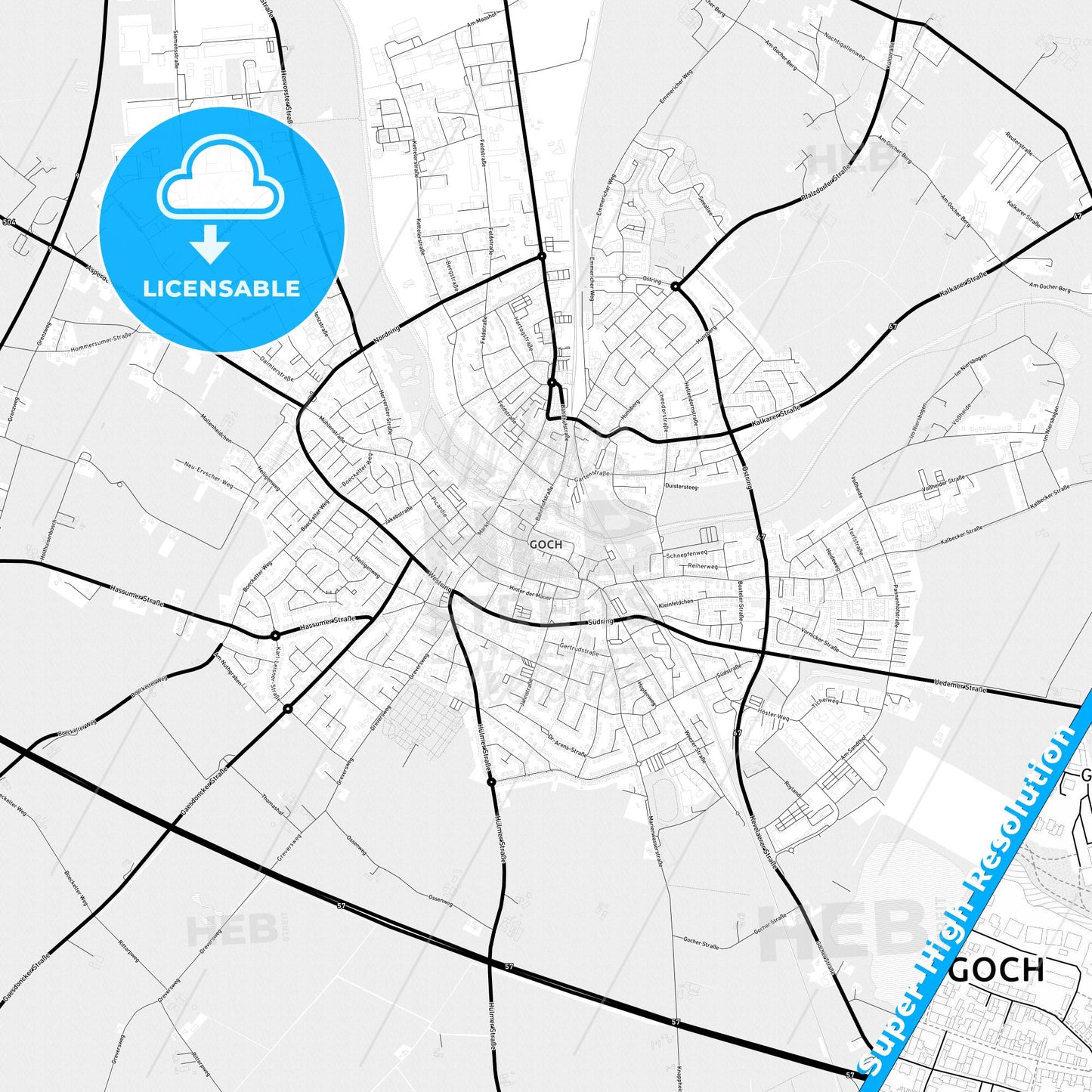Goch, Germany Light Map with Street Names, City Names, and Districts