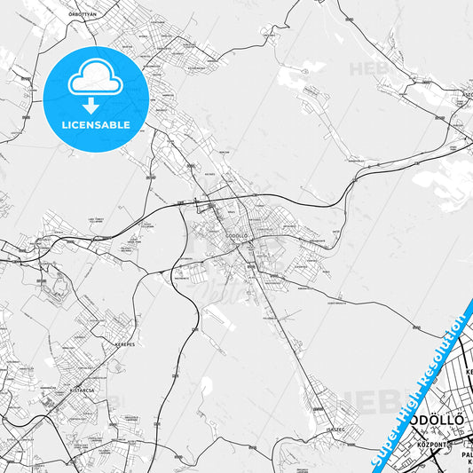 Gödöllő, Hungary light map with streetnames, citynames and districts