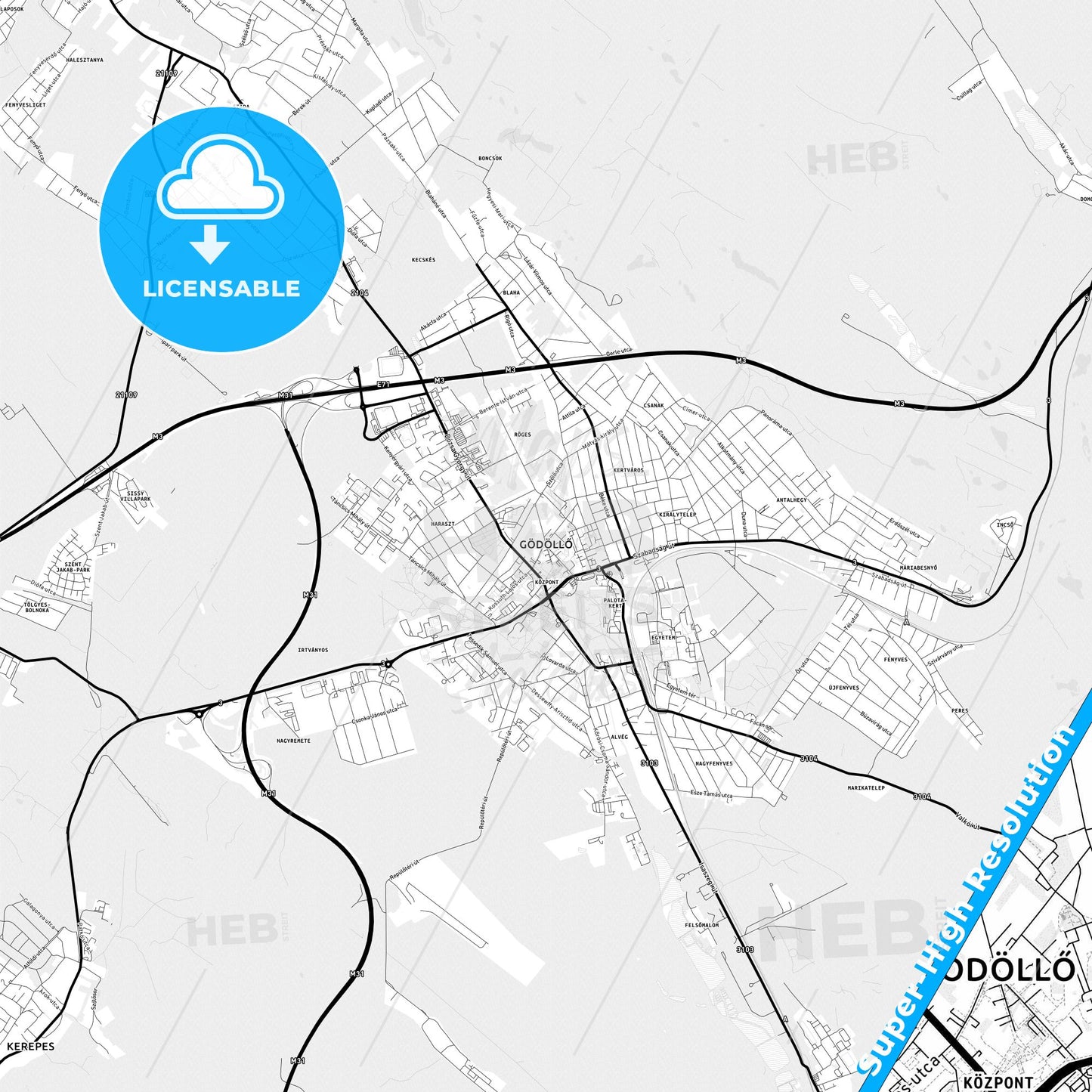 Gödöllő, Hungary Light Map with Street Names, City Names, and Districts