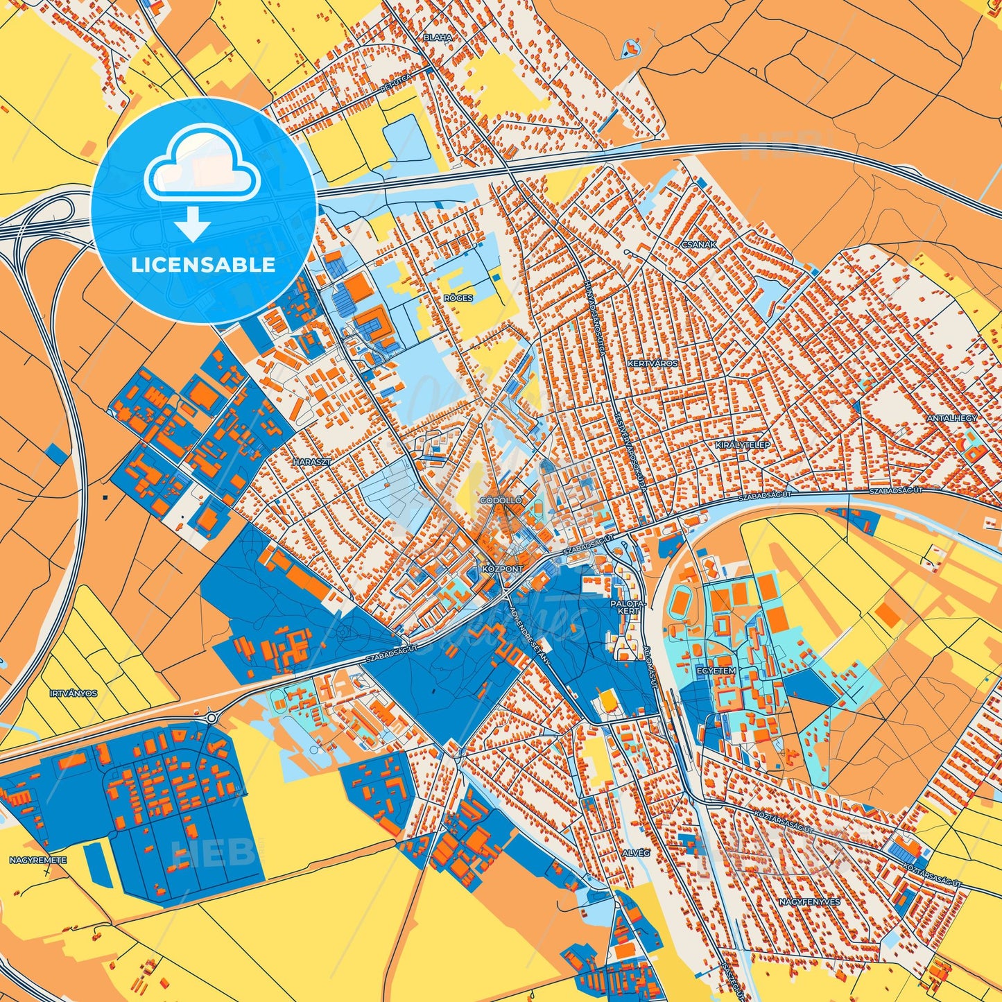 Colorful Gödöllő Street Map with Labels and Buildings