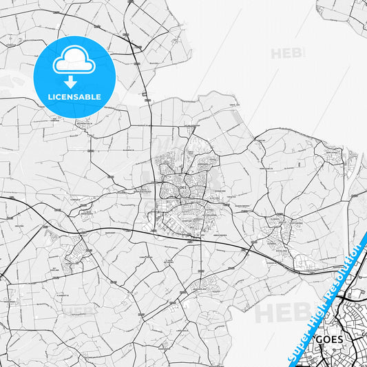 Goes, Netherlands light map with streetnames, citynames and districts