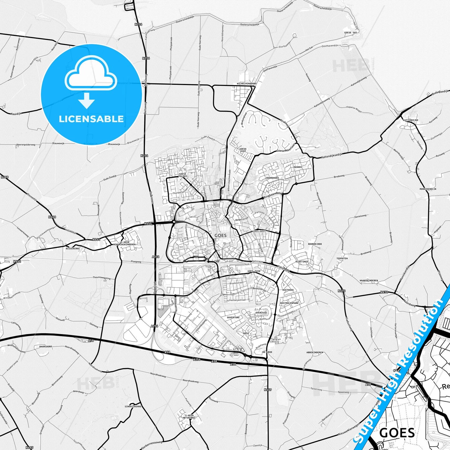 Goes, Netherlands Light Map with Street Names, City Names, and Districts