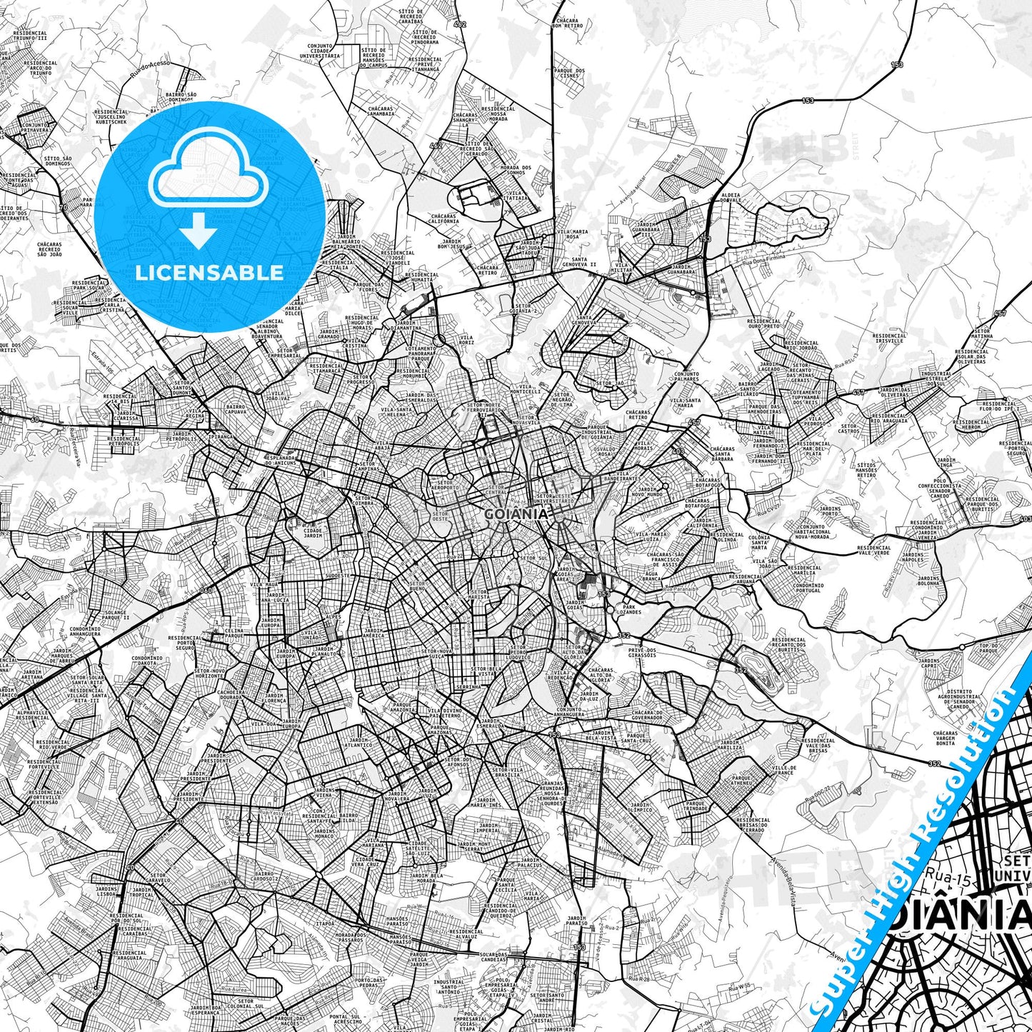 Goiania, Brazil light map with streetnames, citynames and districts