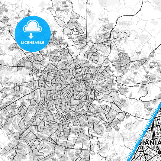 Goiania, Brazil light map with streetnames, citynames and districts