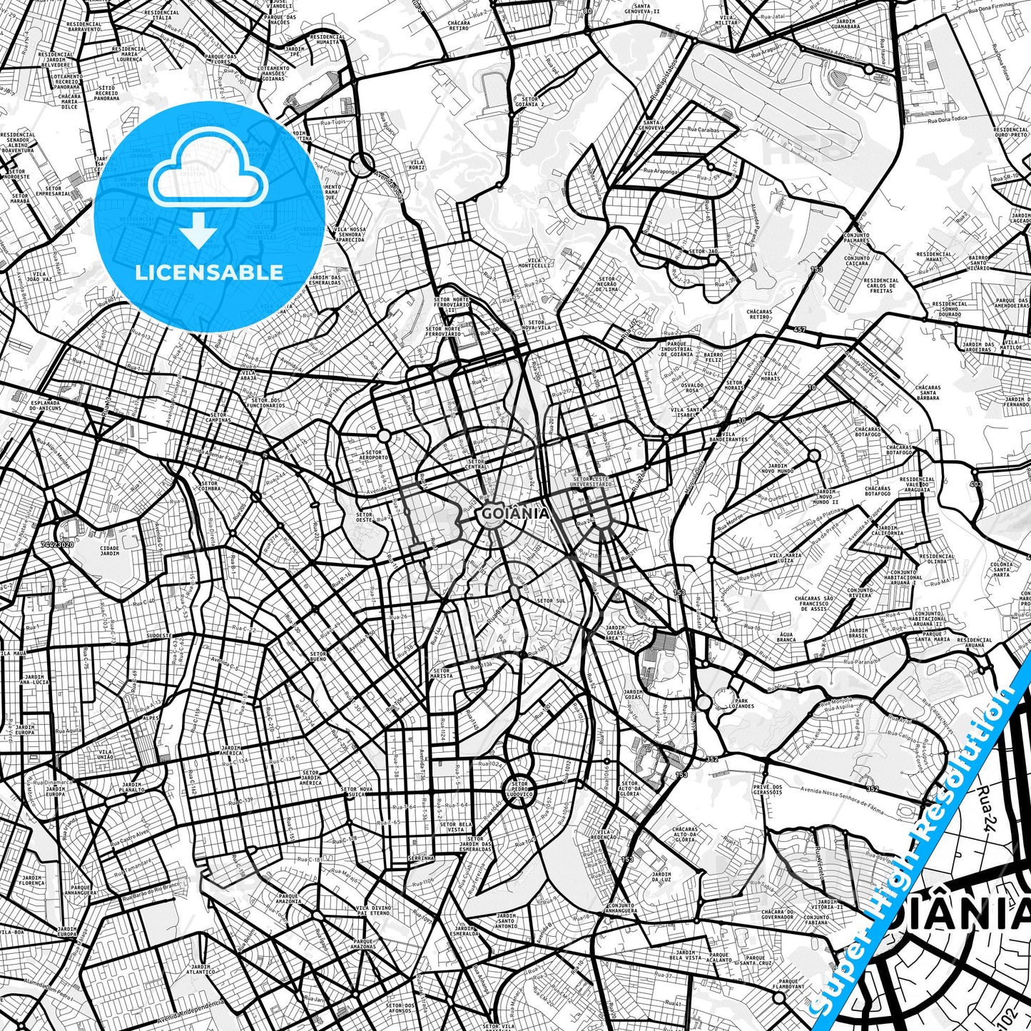 Goiania, Brazil Light Map with Street Names, City Names, and Districts