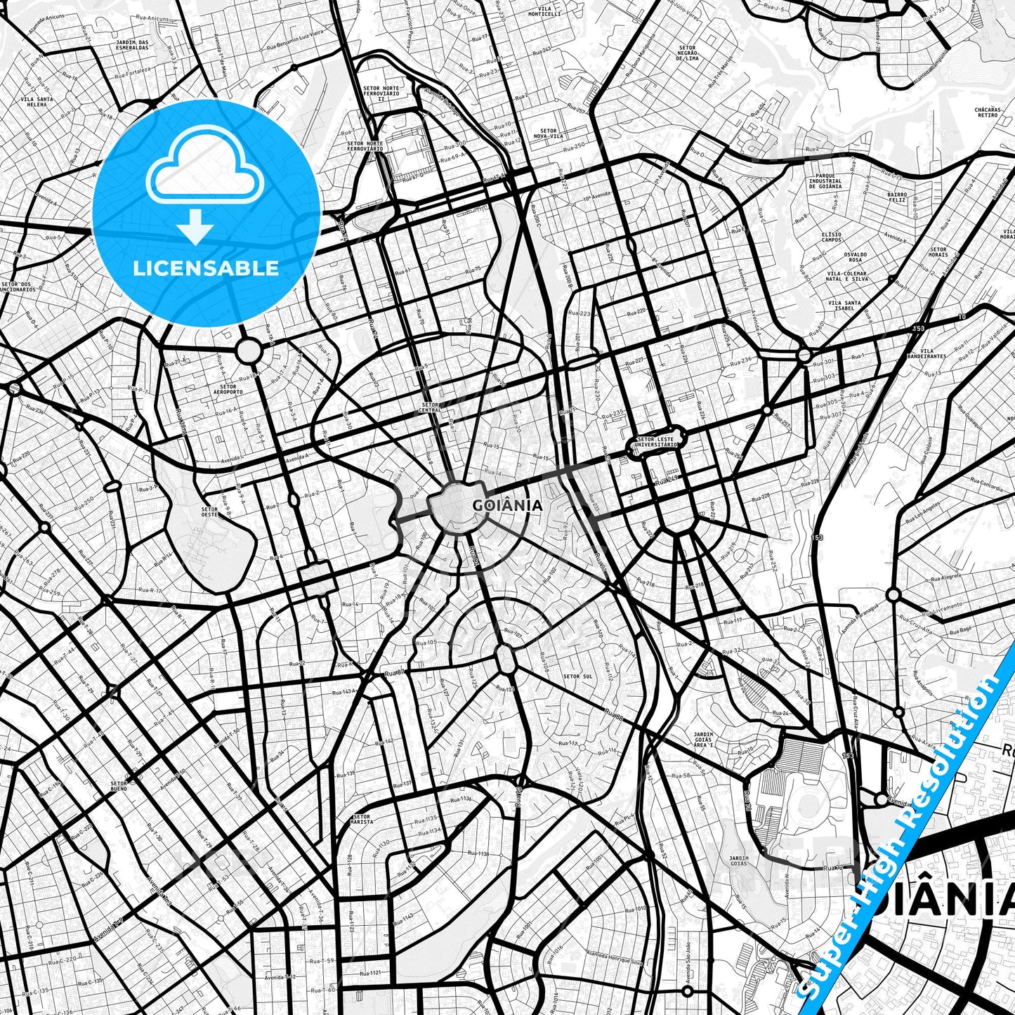 Goiania, Brazil Light Map with Street Names, City Names, and Districts