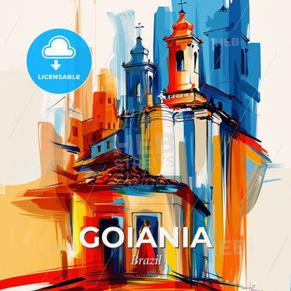 Vibrant Goiania, Brazil - A Painting Of A Building With Towers And A Woman In Red Dress - Square format print template