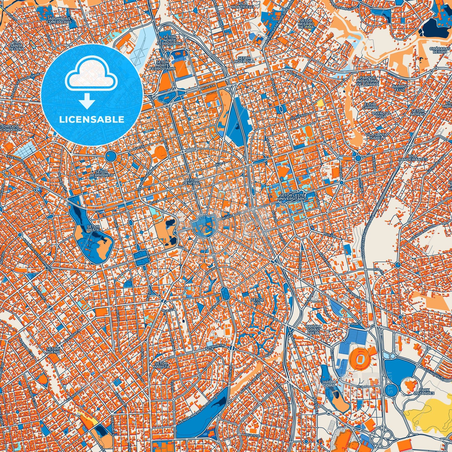 Colorful Goiania Street Map with Labels and Buildings