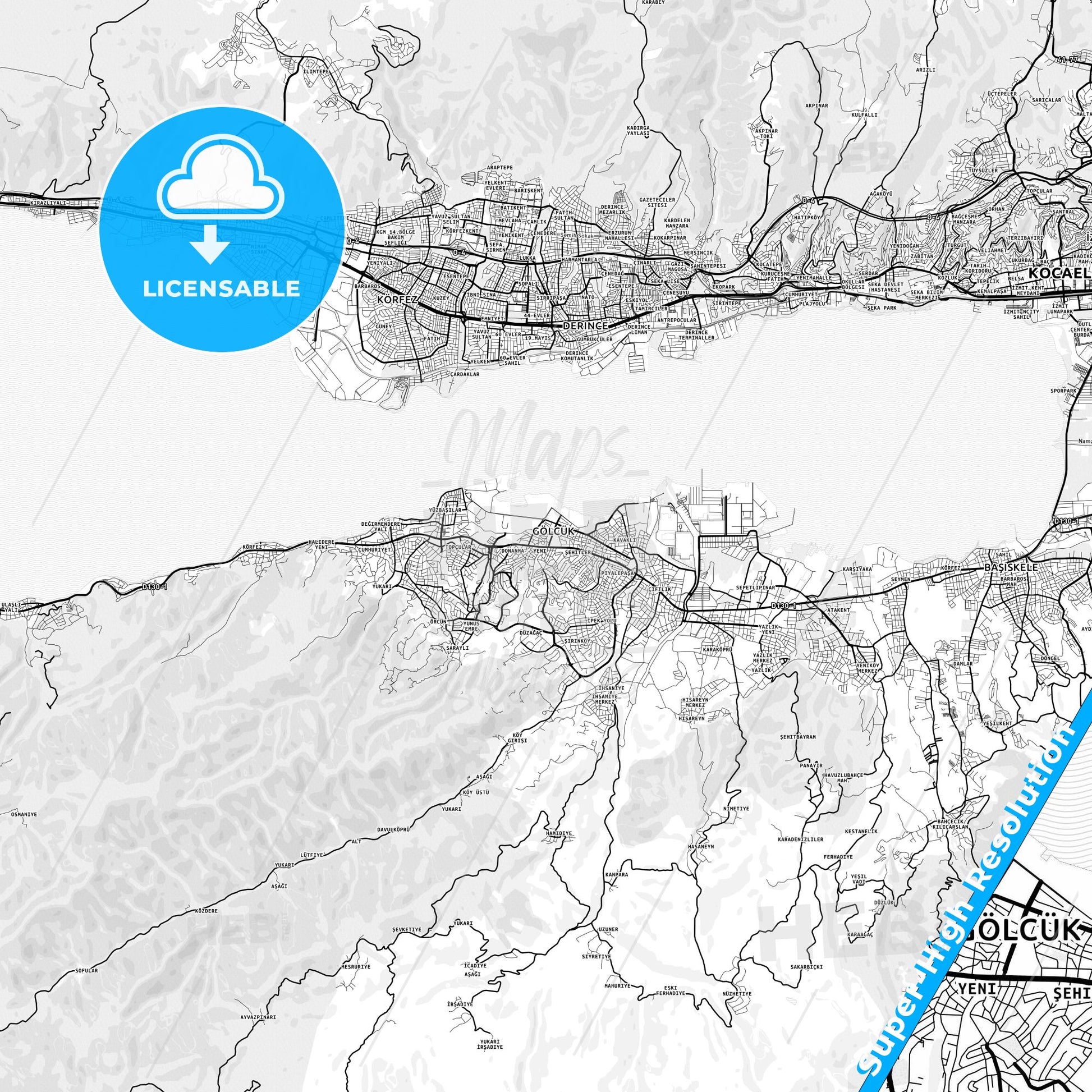 Gölcük, Turkey light map with streetnames, citynames and districts