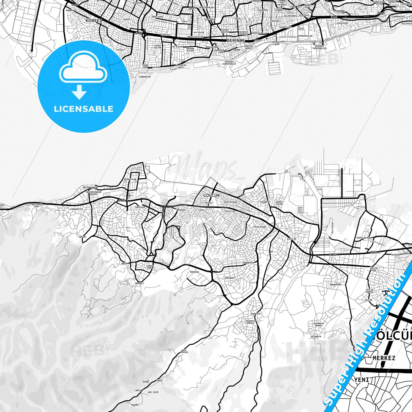Gölcük, Turkey Light Map with Street Names, City Names, and Districts