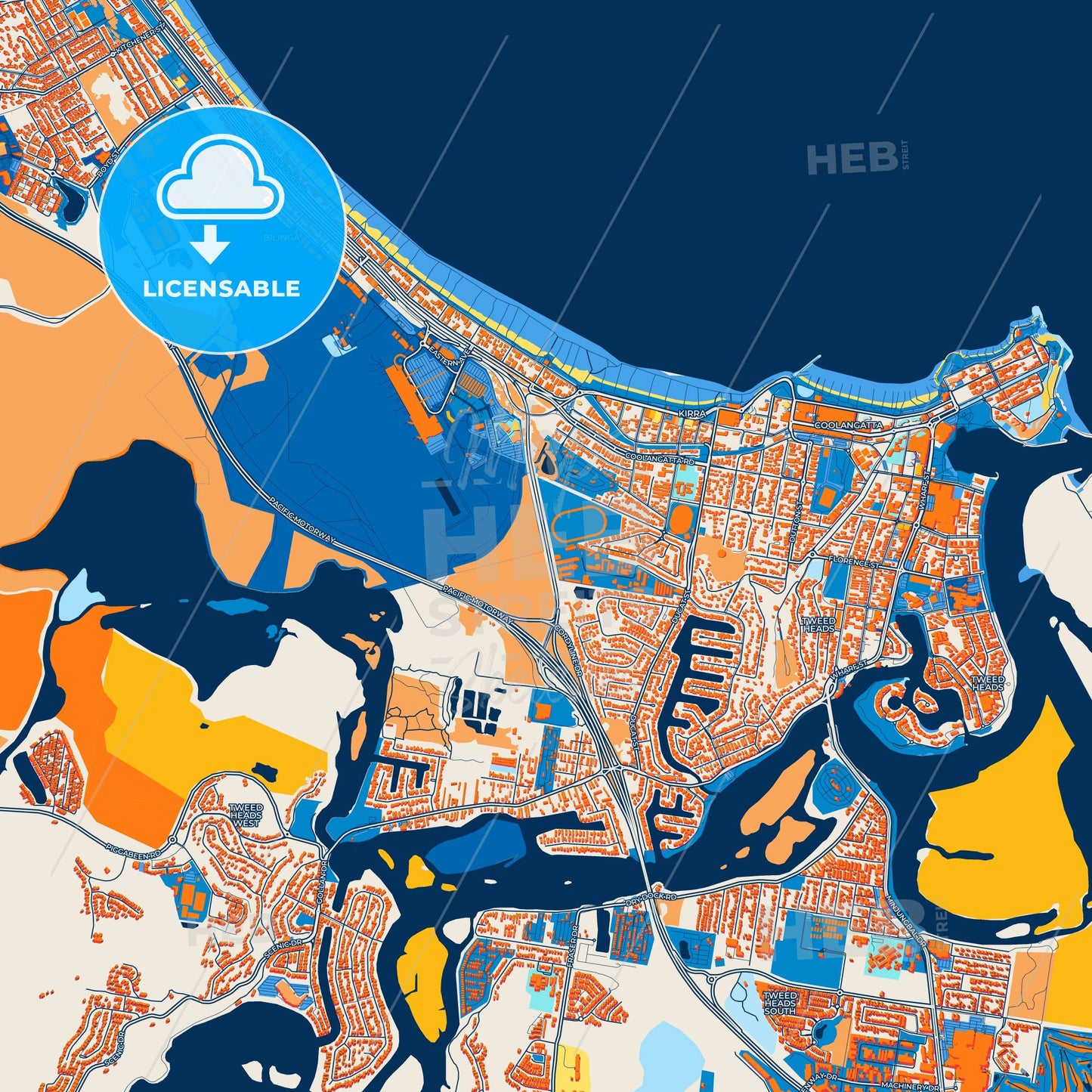 Colorful Gold Coast–Tweed Heads Street Map with Labels and Buildings