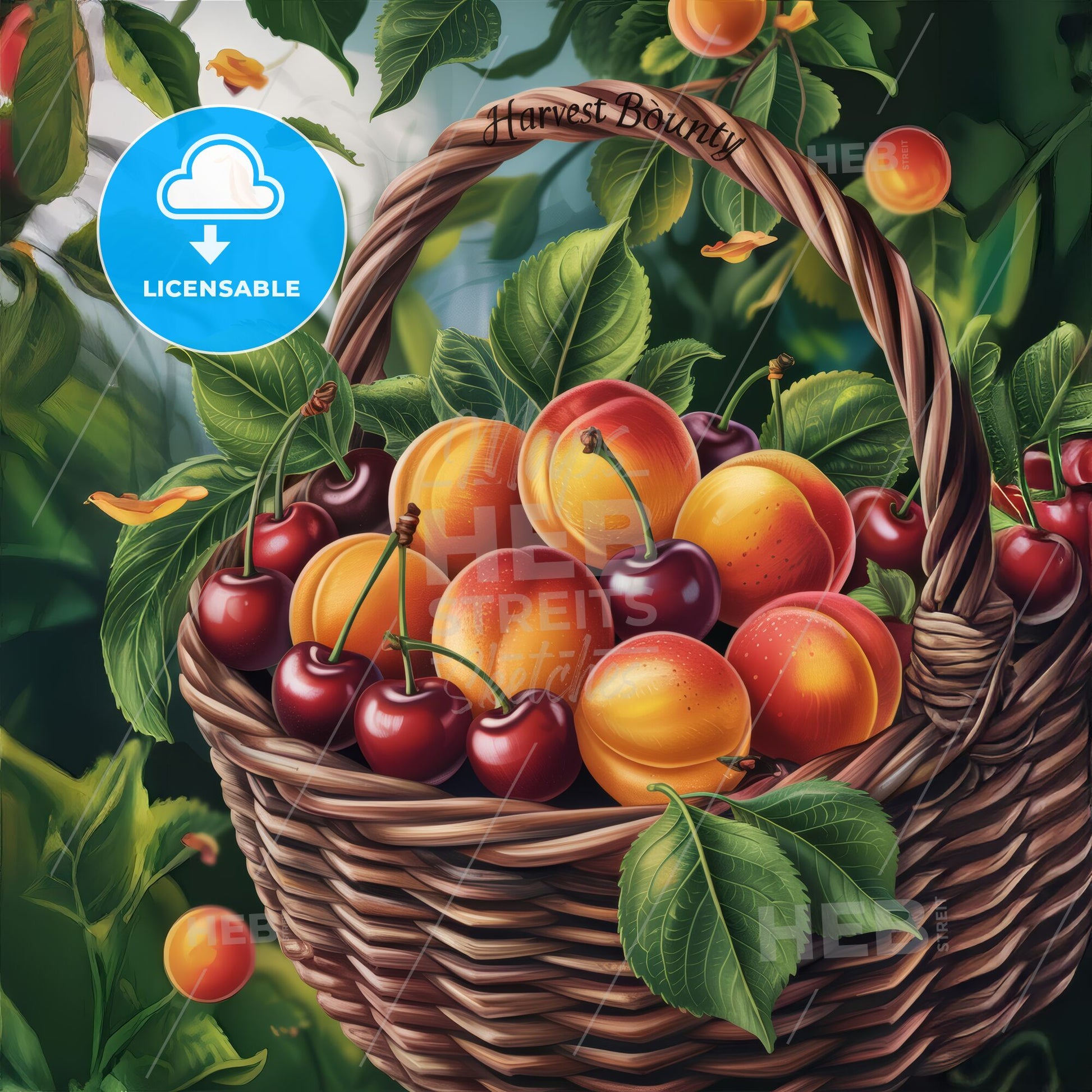 Golden Apricots & Red Cherries: Rustic Elegance in a Woven Basket