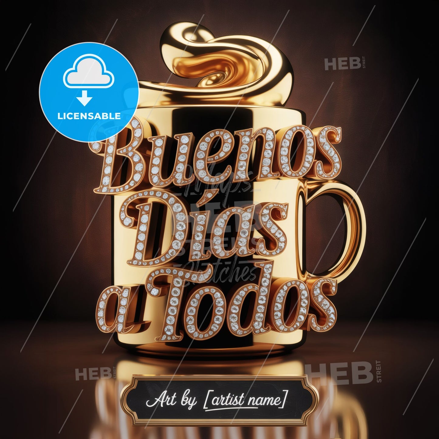 Golden Coffee Mug with Sparkling Letters: 'Buenos Días a Todos' in Elegant Design
