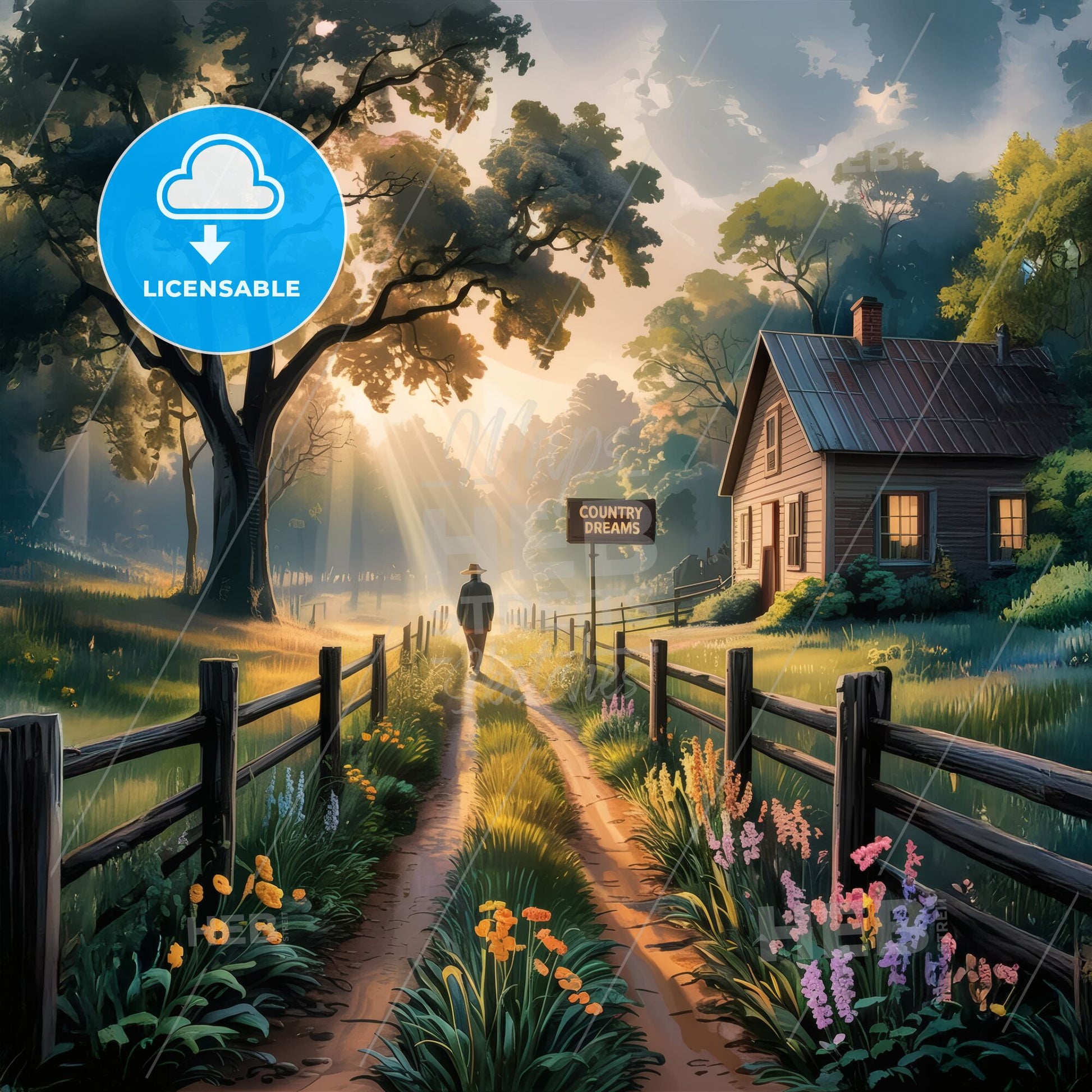 Golden Dawn: A Dreamy Path Through Misty Fields to a Charming Farmhouse