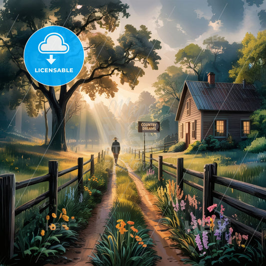 Golden Dawn: A Dreamy Path Through Misty Fields to a Charming Farmhouse