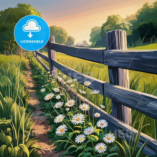 Golden Hour Serenity: A Rustic Fence Embraced by Daisies and Nature's Glow