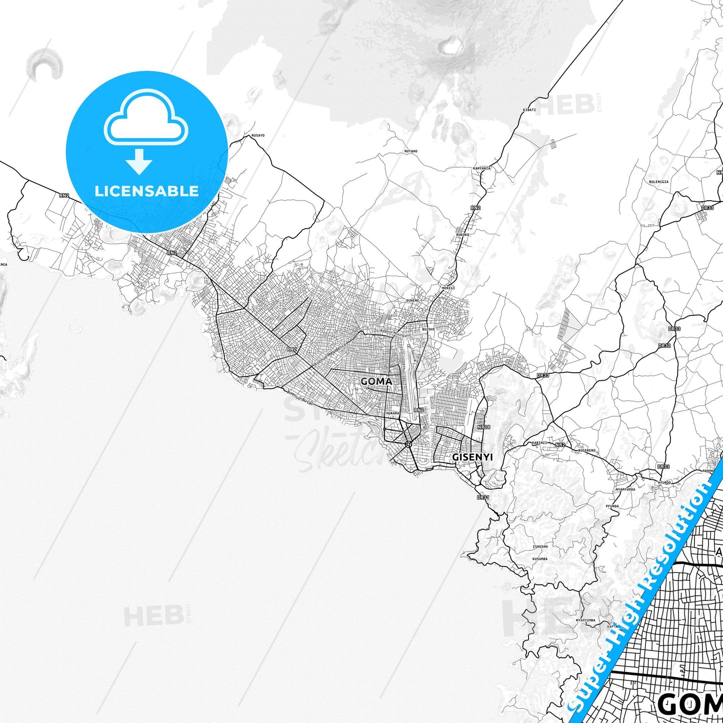 Goma, DR Congo light map with streetnames, citynames and districts
