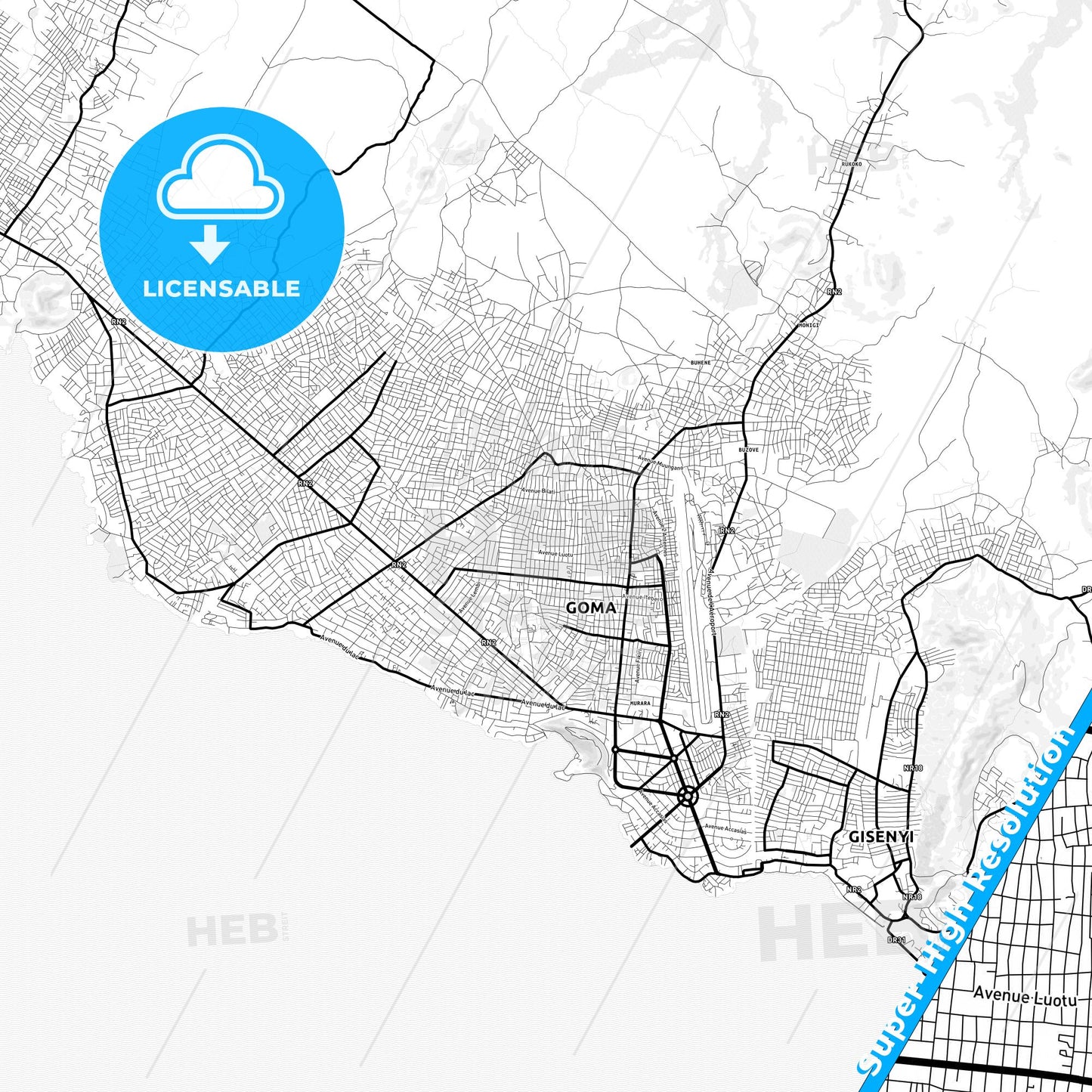 Goma, DR Congo Light Map with Street Names, City Names, and Districts