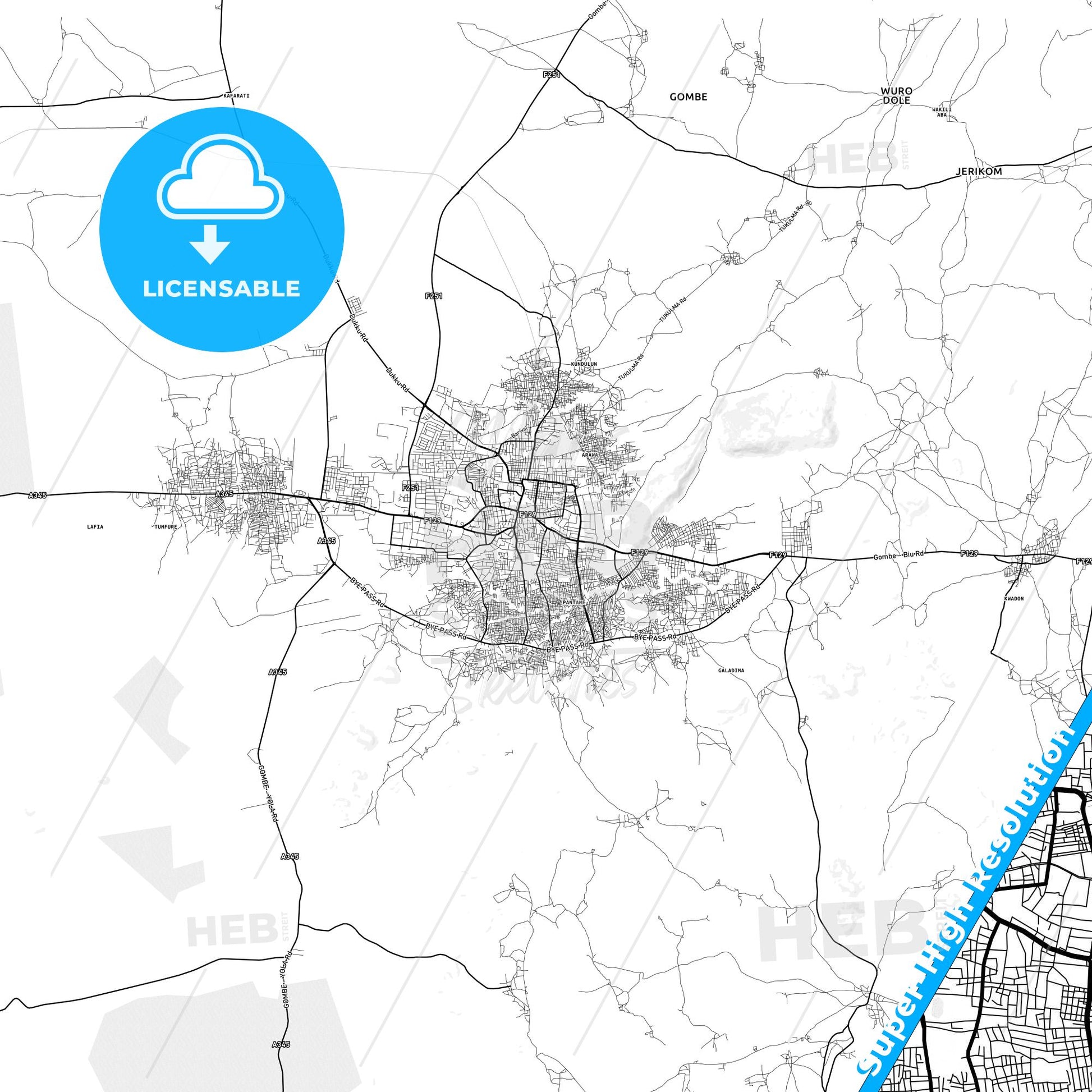 Gombe, Nigeria light map with streetnames, citynames and districts