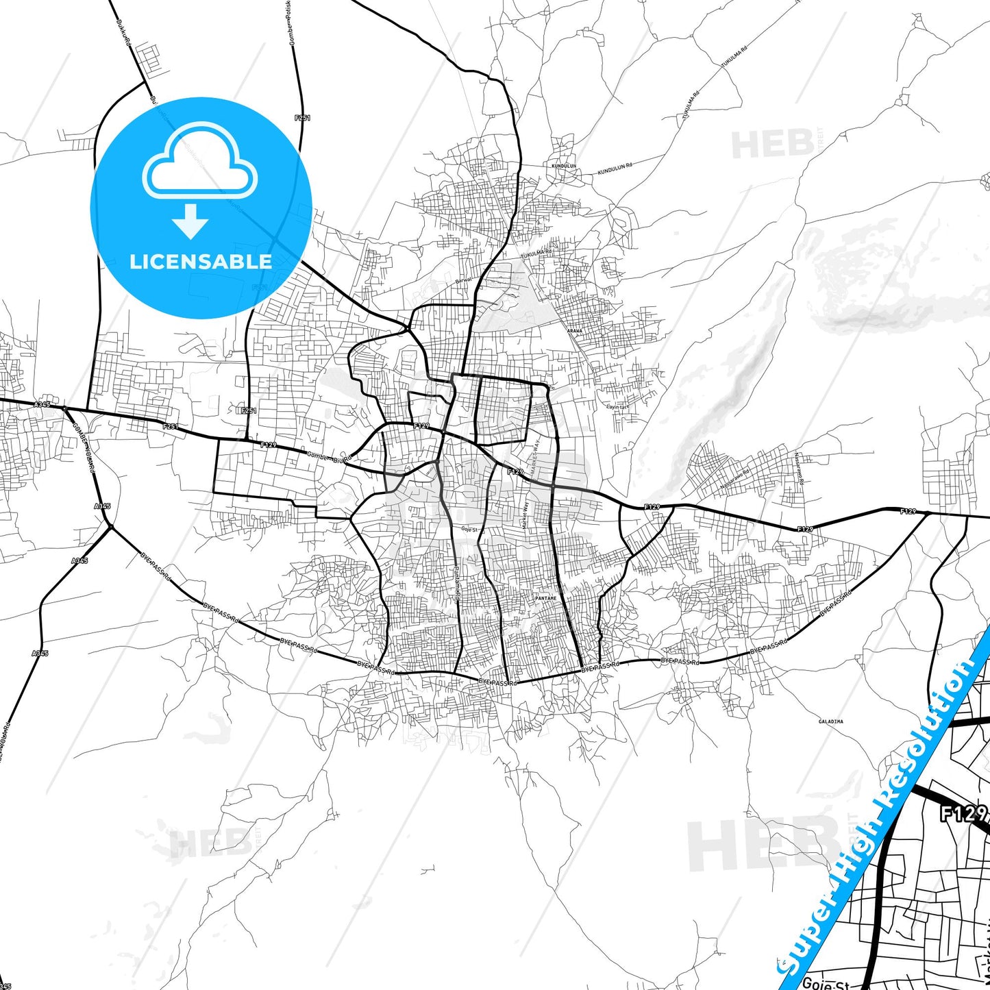 Gombe, Nigeria Light Map with Street Names, City Names, and Districts