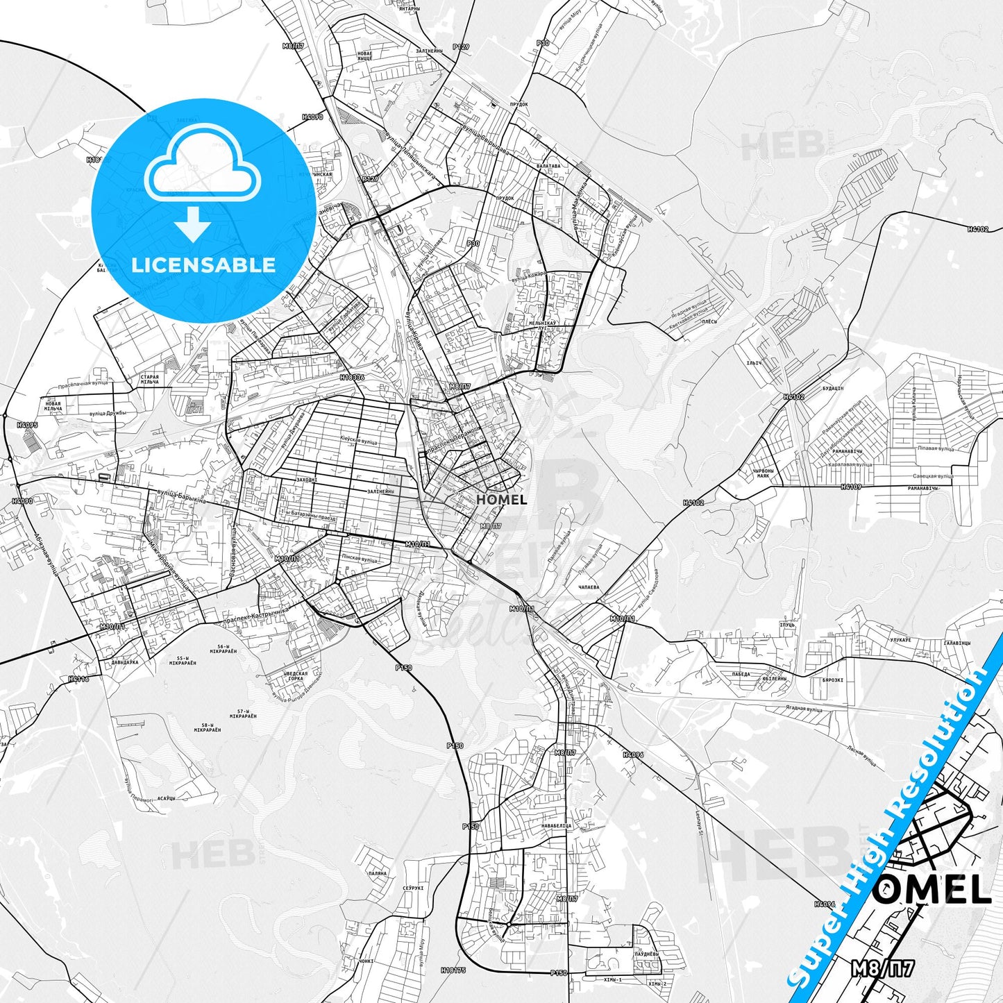 Gomel, Belarus light map with streetnames, citynames and districts