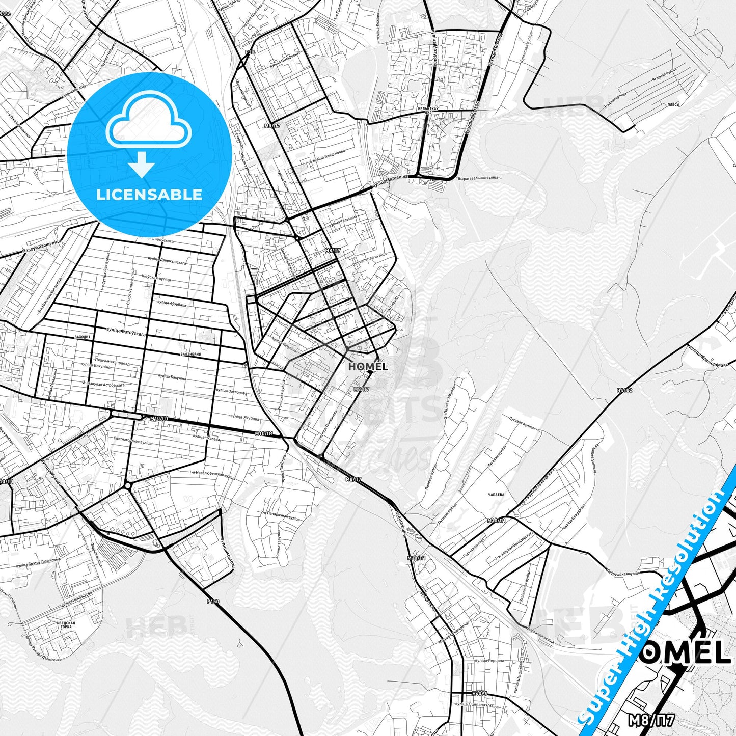 Gomel, Belarus Light Map with Street Names, City Names, and Districts