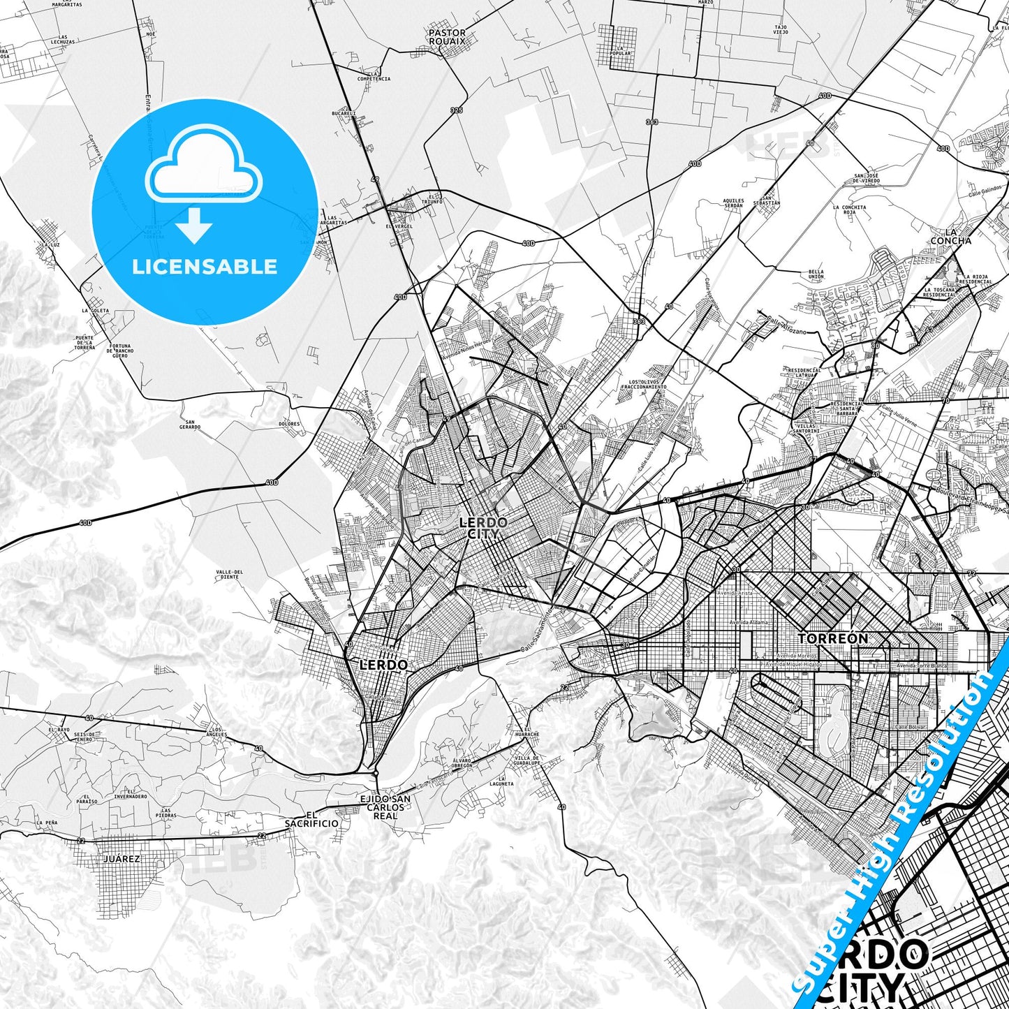 Gómez Palacio, Mexico light map with streetnames, citynames and districts