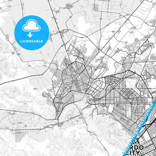 Gómez Palacio, Mexico light map with streetnames, citynames and districts