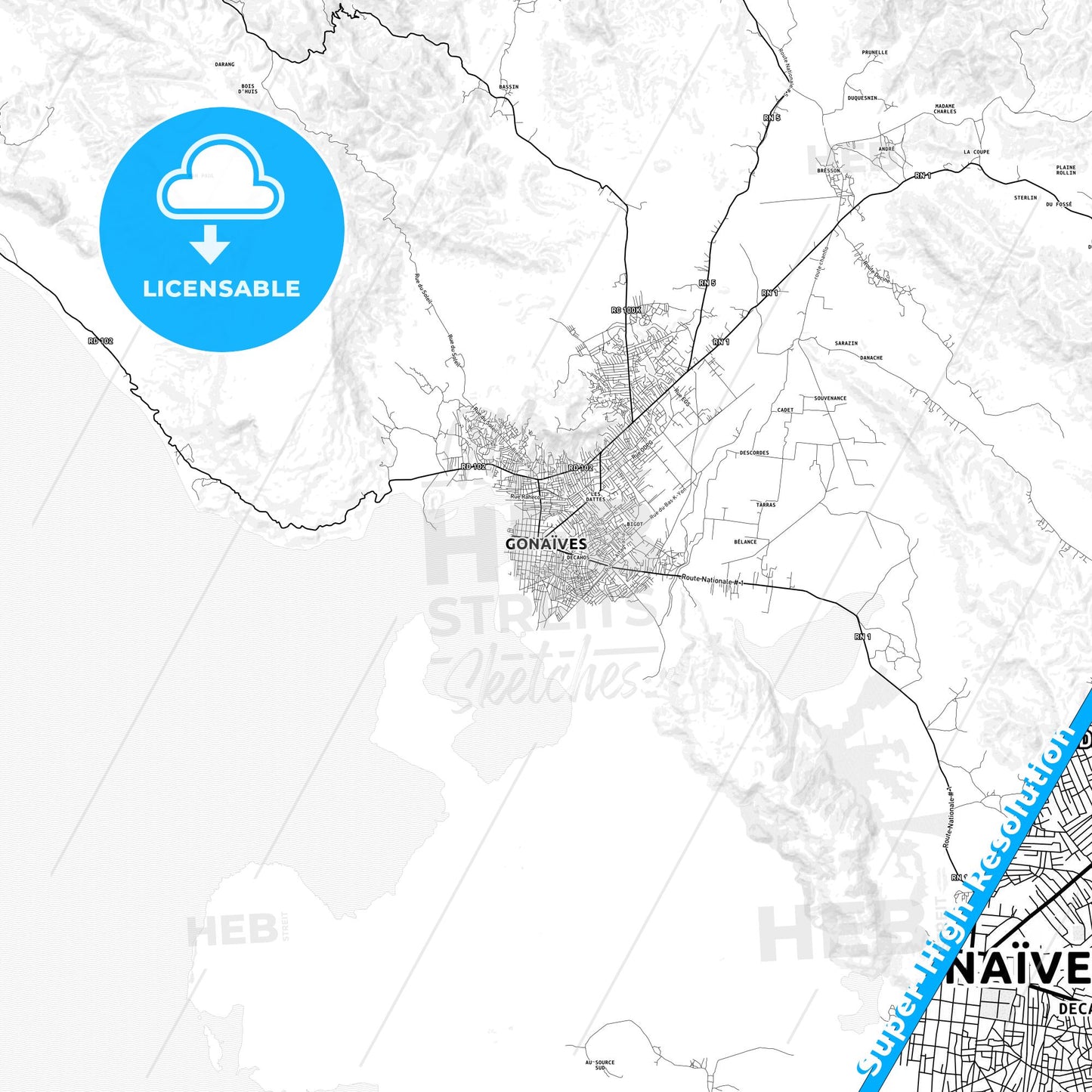 Gonaïves, Haiti light map with streetnames, citynames and districts