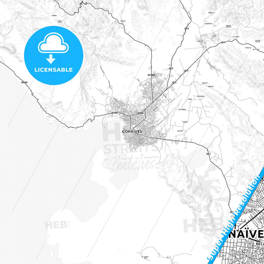 Gonaïves, Haiti light map with streetnames, citynames and districts