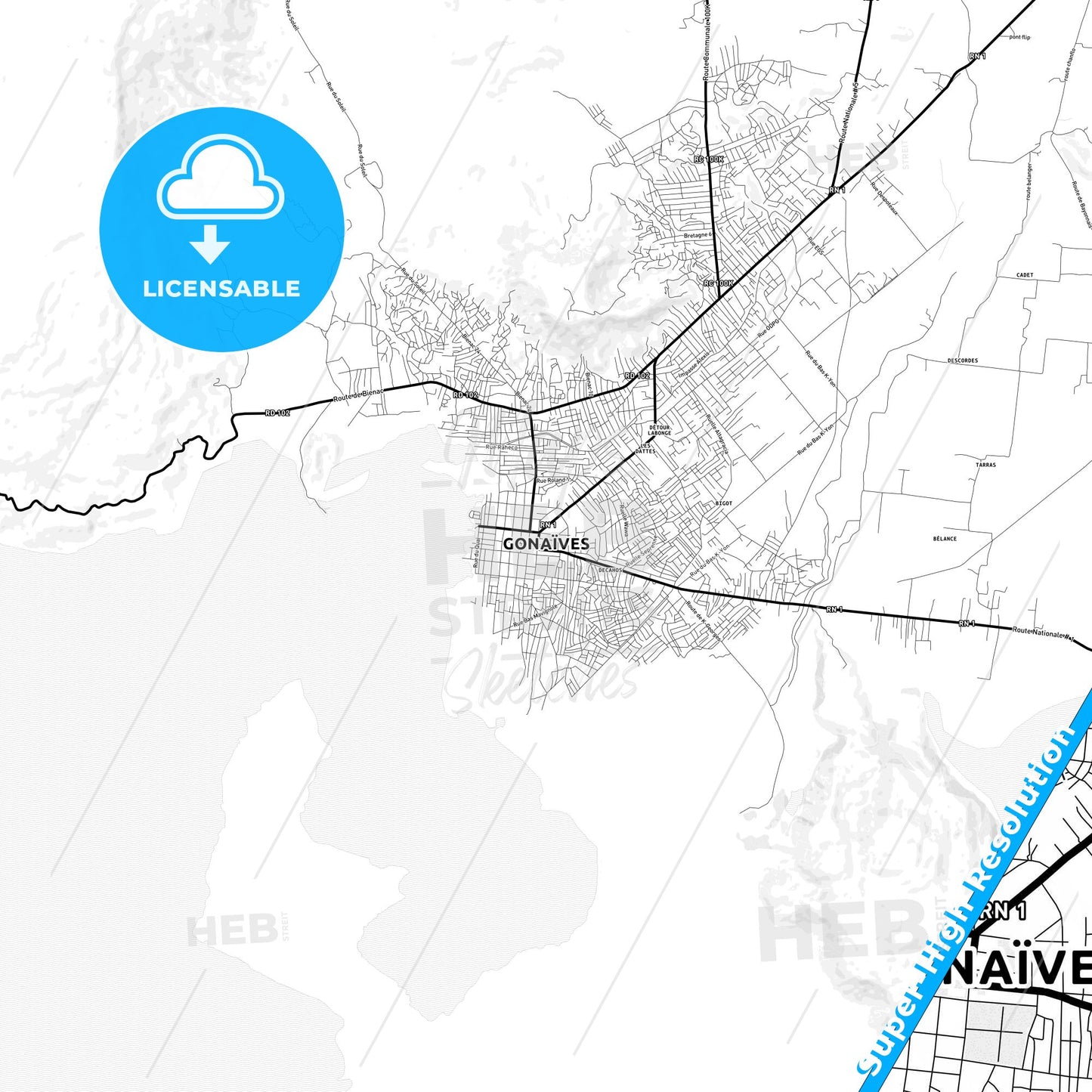 Gonaïves, Haiti Light Map with Street Names, City Names, and Districts