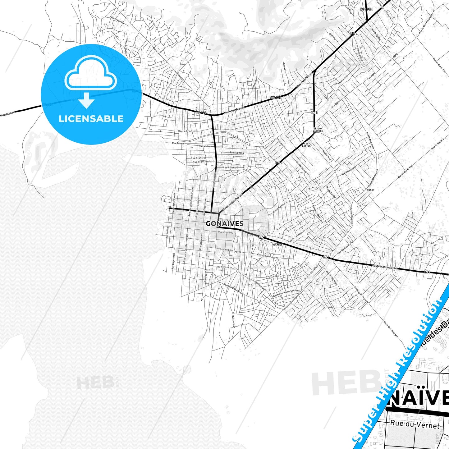 Gonaïves, Haiti Light Map with Street Names, City Names, and Districts