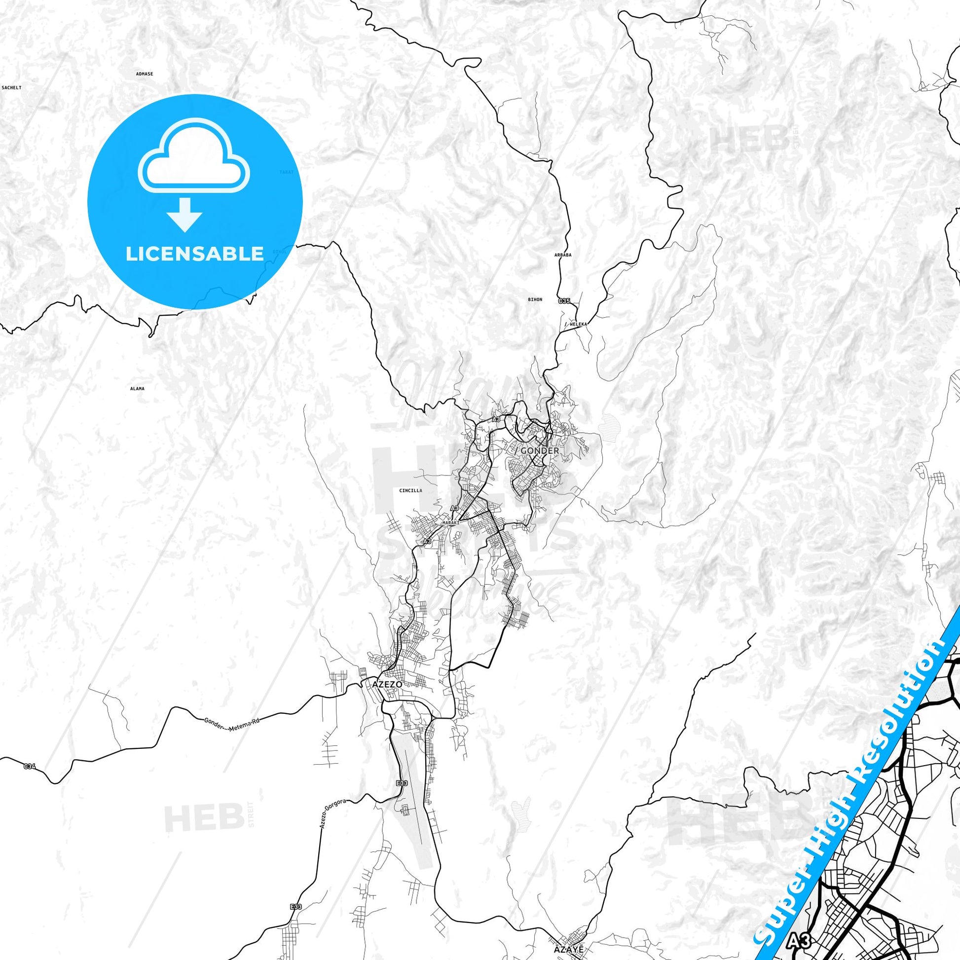 Gondar, Ethiopia light map with streetnames, citynames and districts