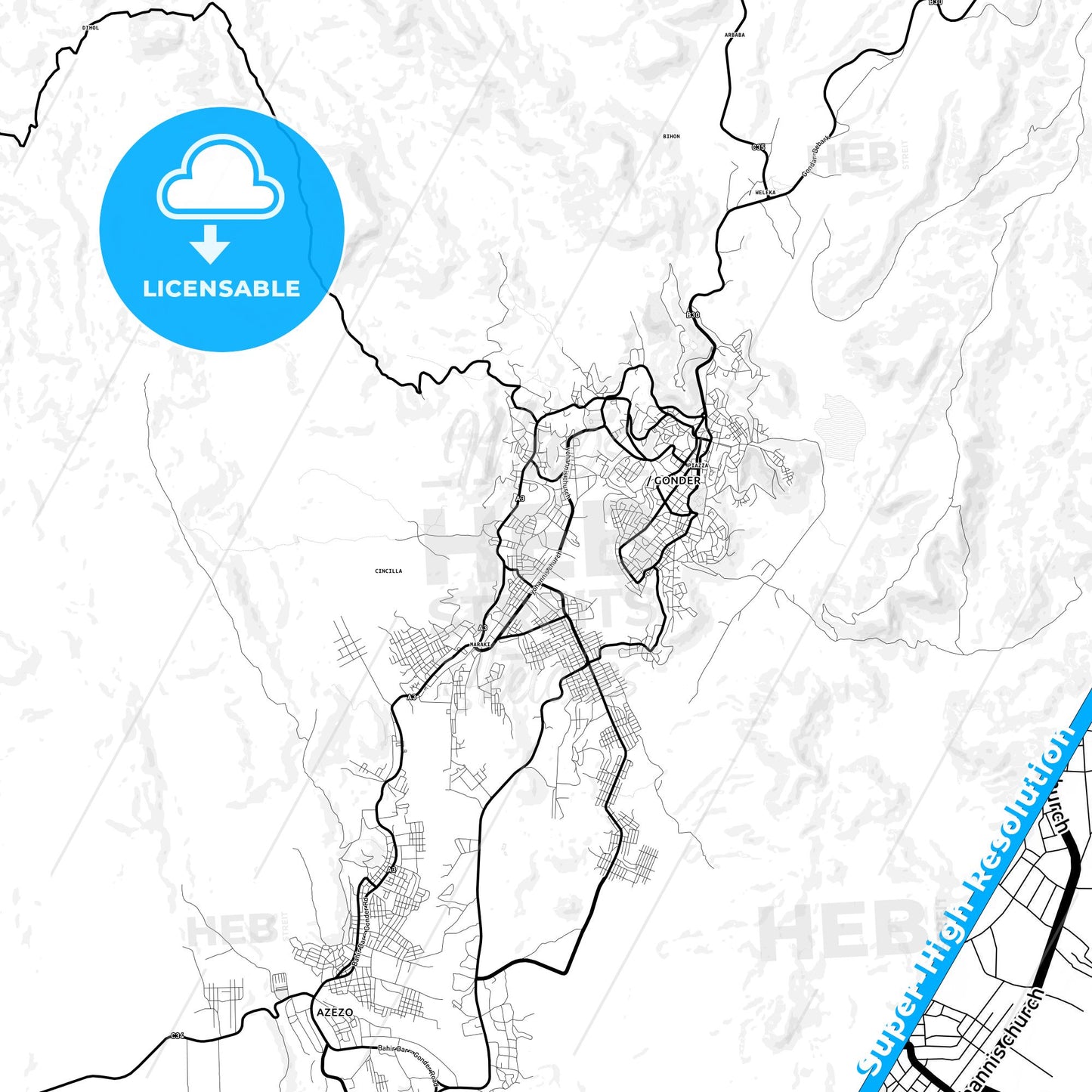 Gondar, Ethiopia Light Map with Street Names, City Names, and Districts