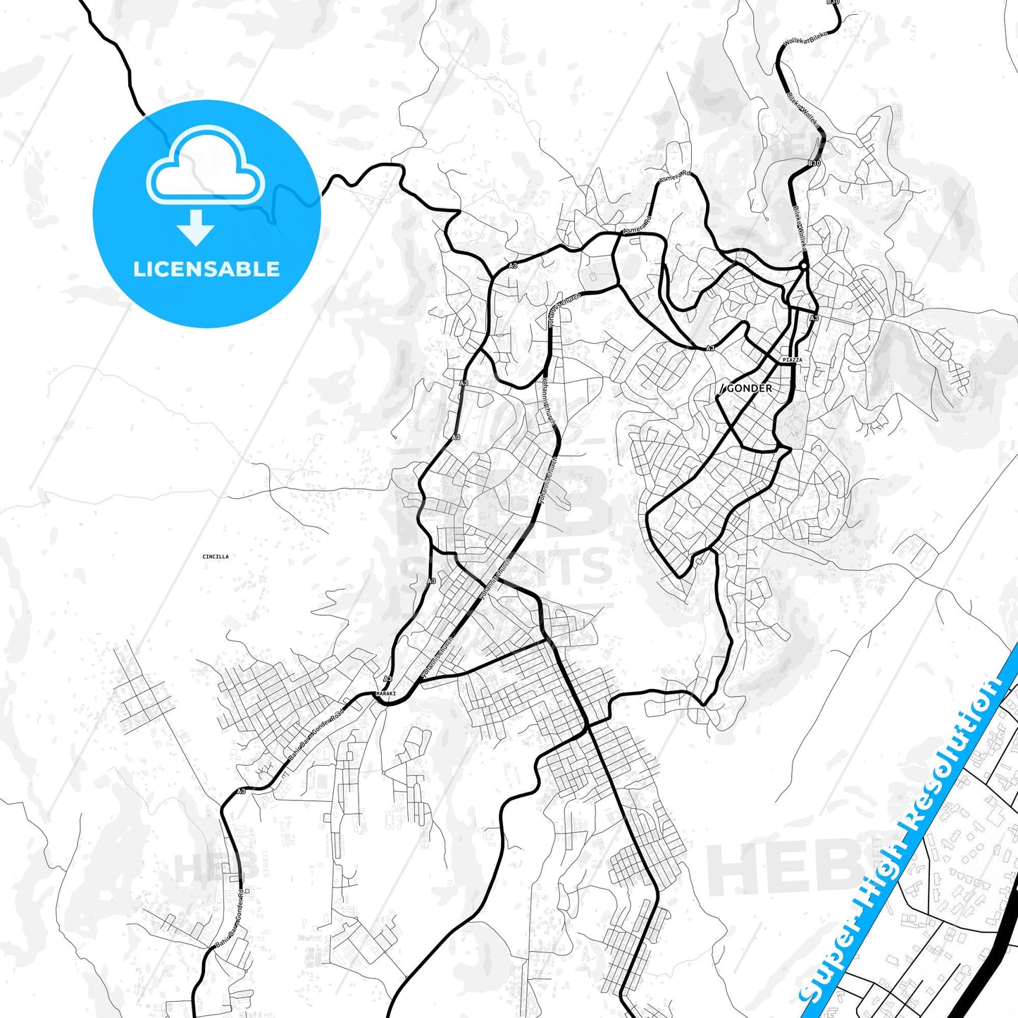 Gondar, Ethiopia Light Map with Street Names, City Names, and Districts