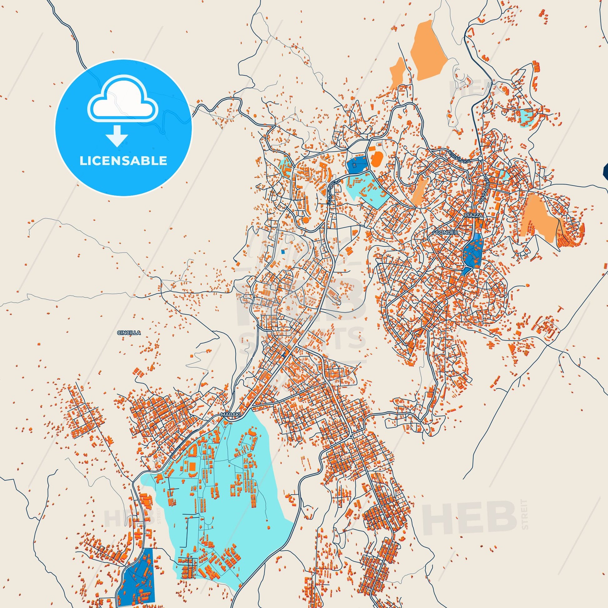 Colorful Gondar Street Map with Labels and Buildings