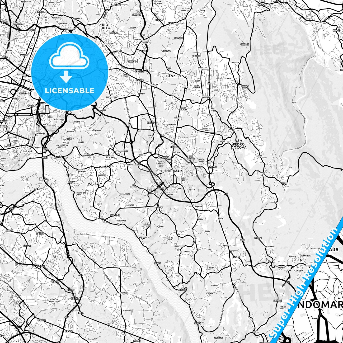 Gondomar, Portugal Light Map with Street Names, City Names, and Districts