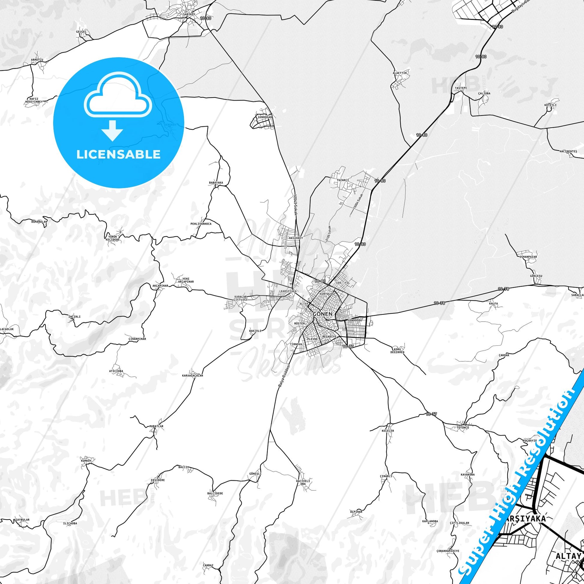Gönen, Turkey light map with streetnames, citynames and districts