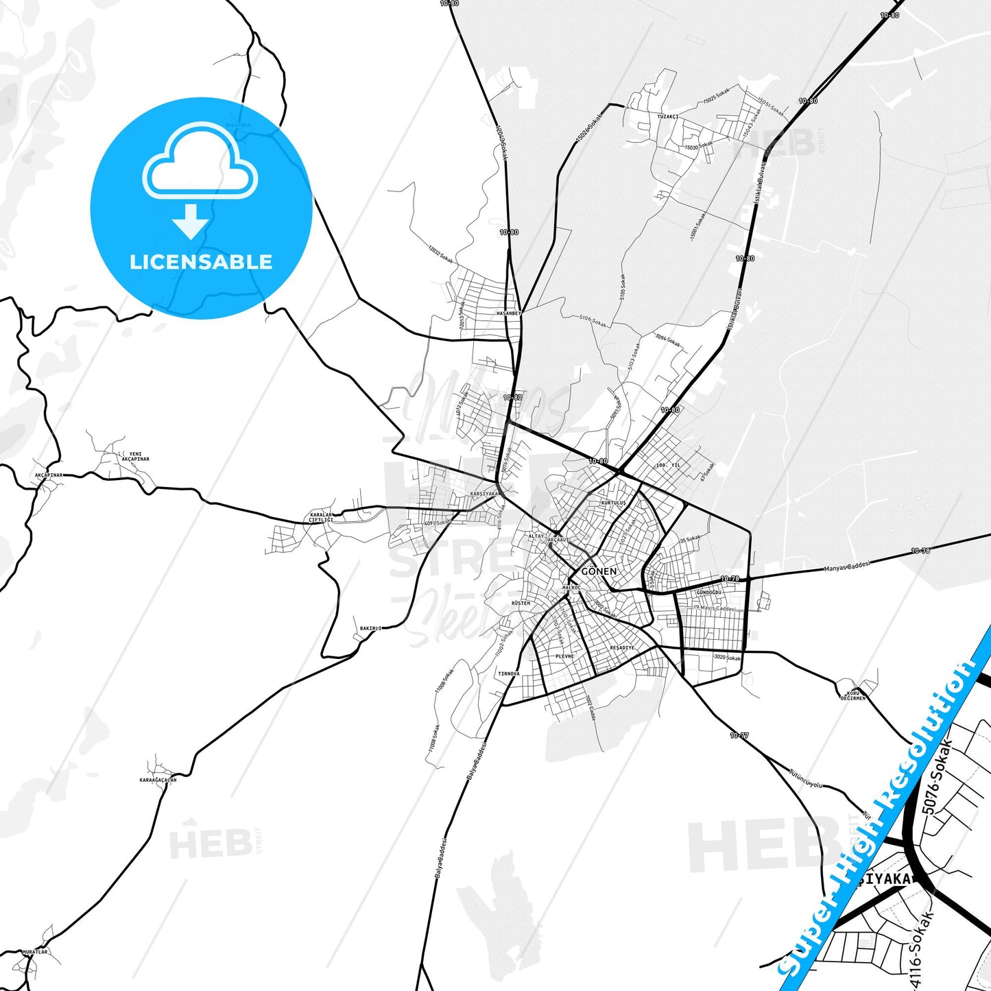 Gönen, Turkey Light Map with Street Names, City Names, and Districts