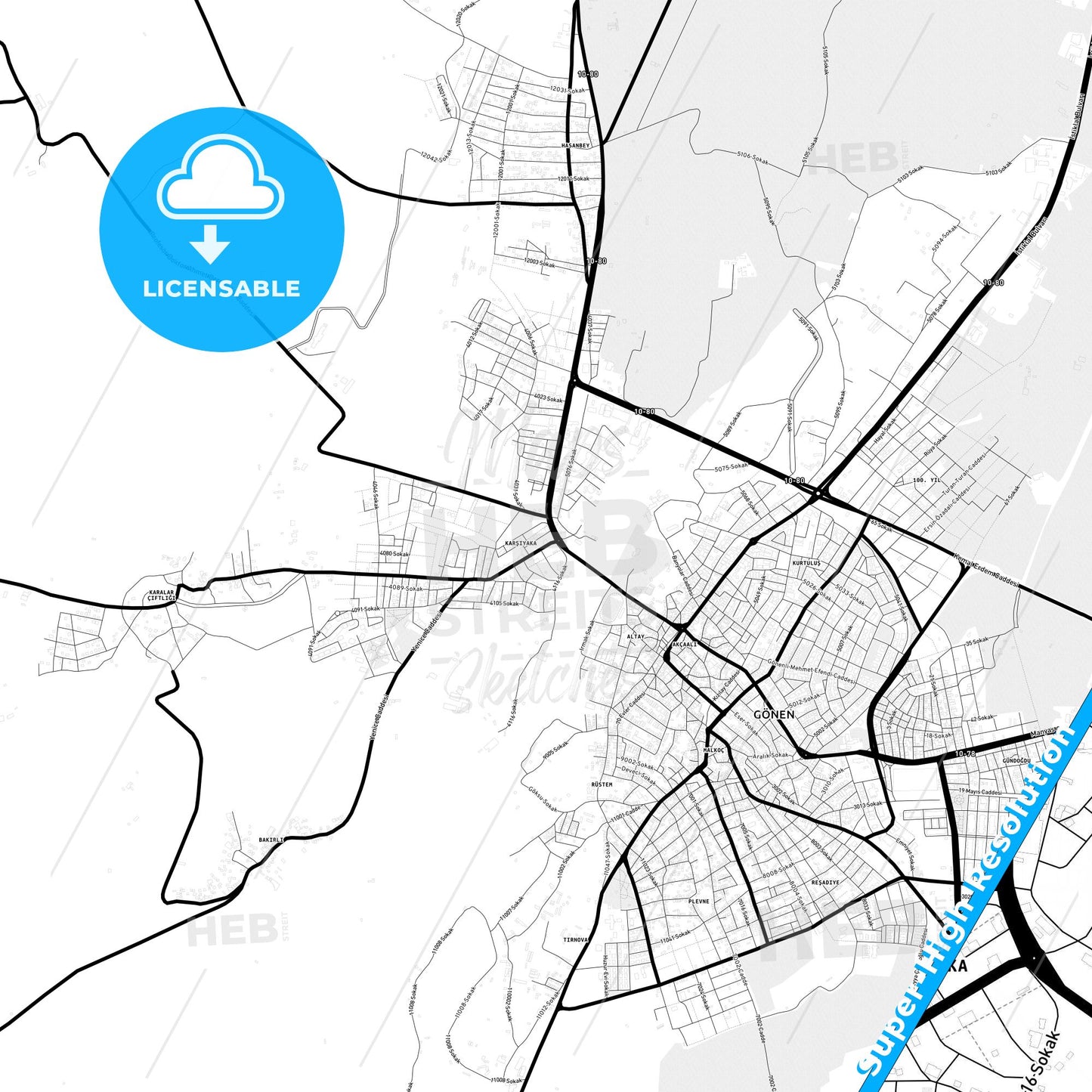 Gönen, Turkey Light Map with Street Names, City Names, and Districts