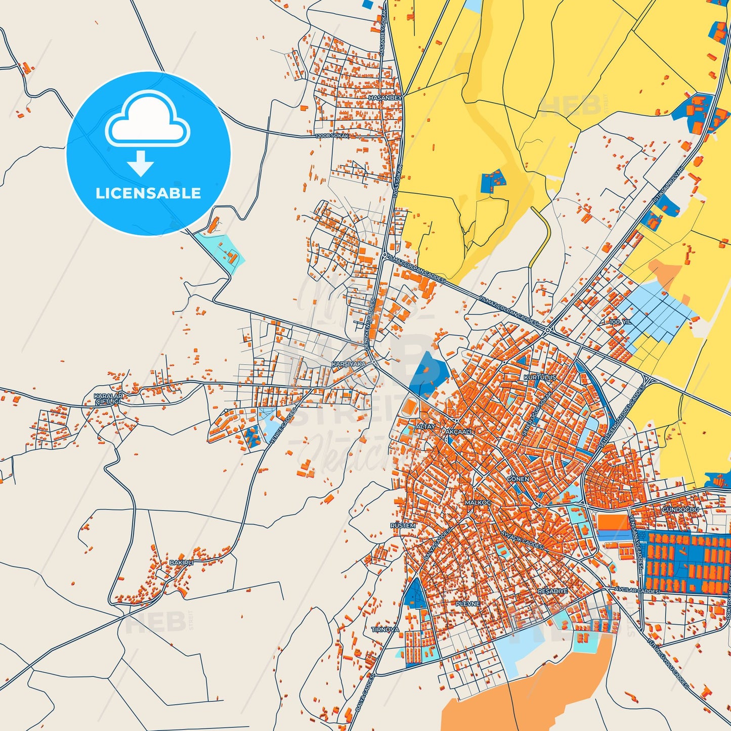 Colorful Gönen Street Map with Labels and Buildings