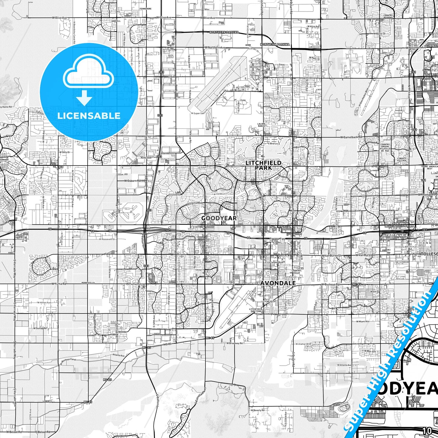 Goodyear, Arizona light map with streetnames, citynames and districts